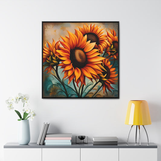 Sunflower Lovers Delight - Sunflower Crop on Distressed Blue and Copper Background Printed on Canvas in a Floating Frame 36x36