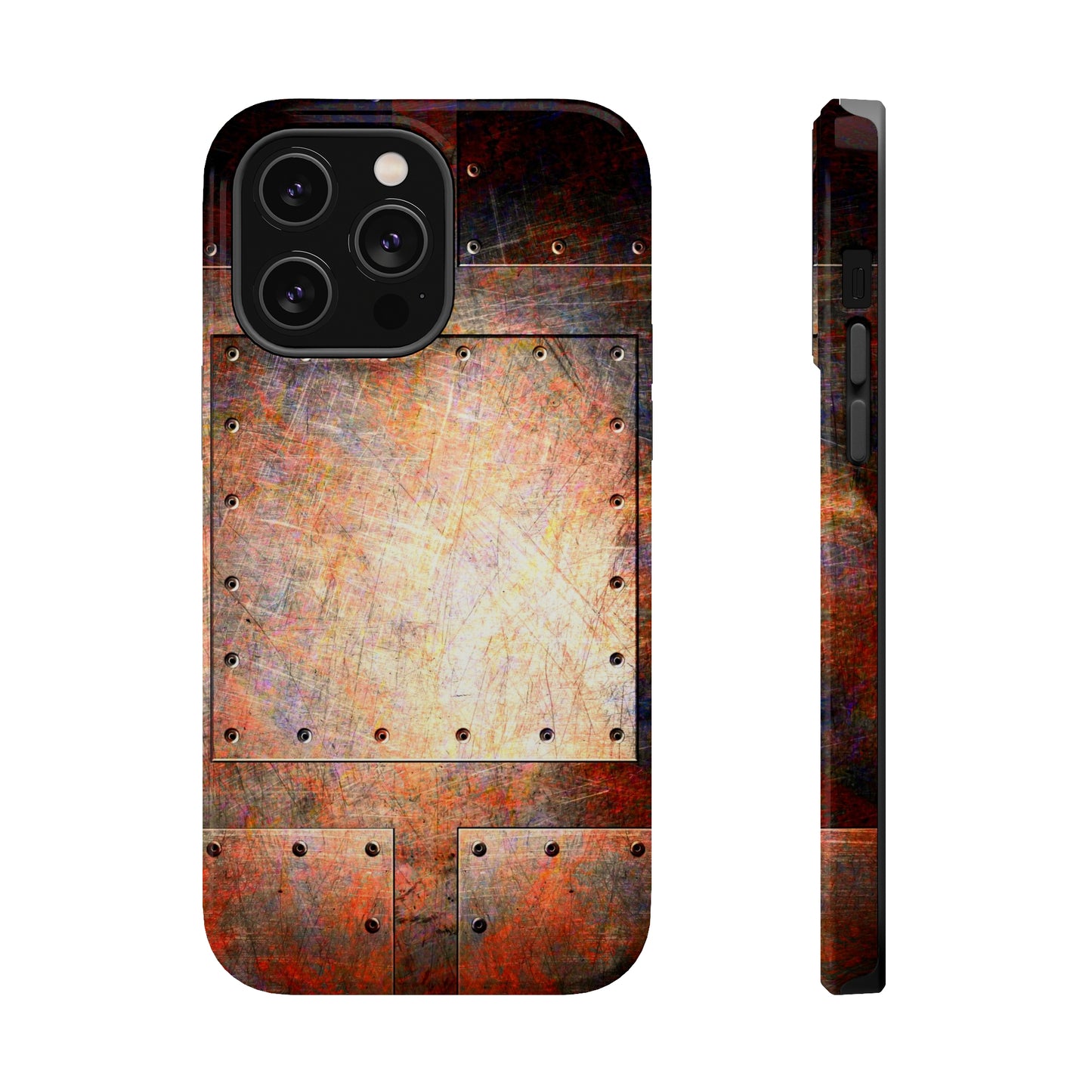 Steampunk Themed Mag Safe Tough Cases for iPhones 13 and 14 - Distressed Riveted Metal Plates Print