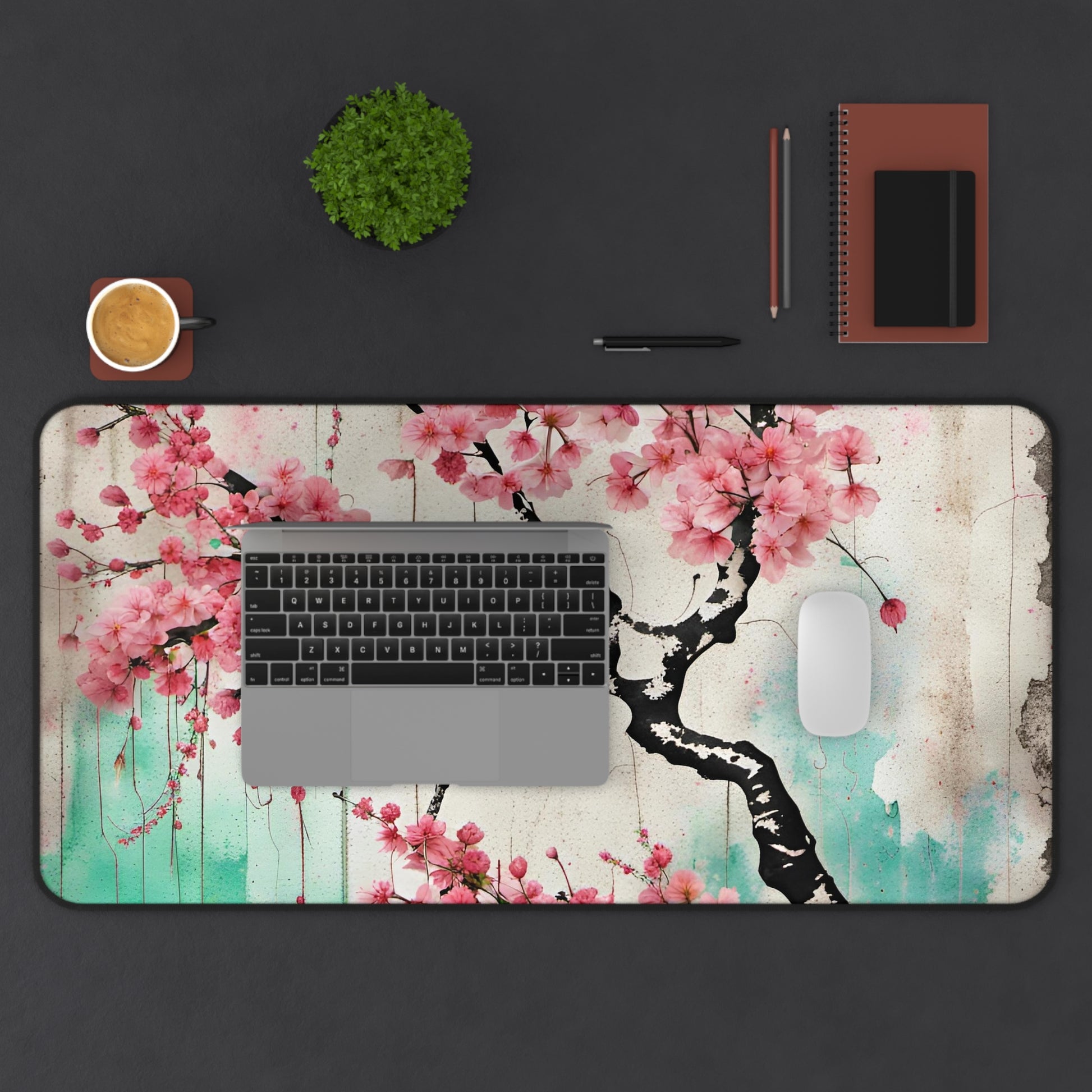 Cherry Blossoms Street Art Style Printed on Desk Mat 15x31 with computer