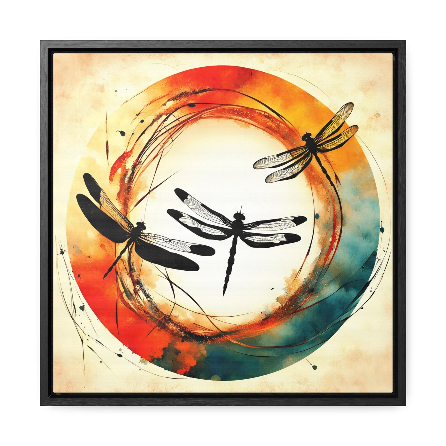 Dragonflies Silhouettes in a colorful Enso circle Print on Canvas in a Floating Frame 5 sizes available