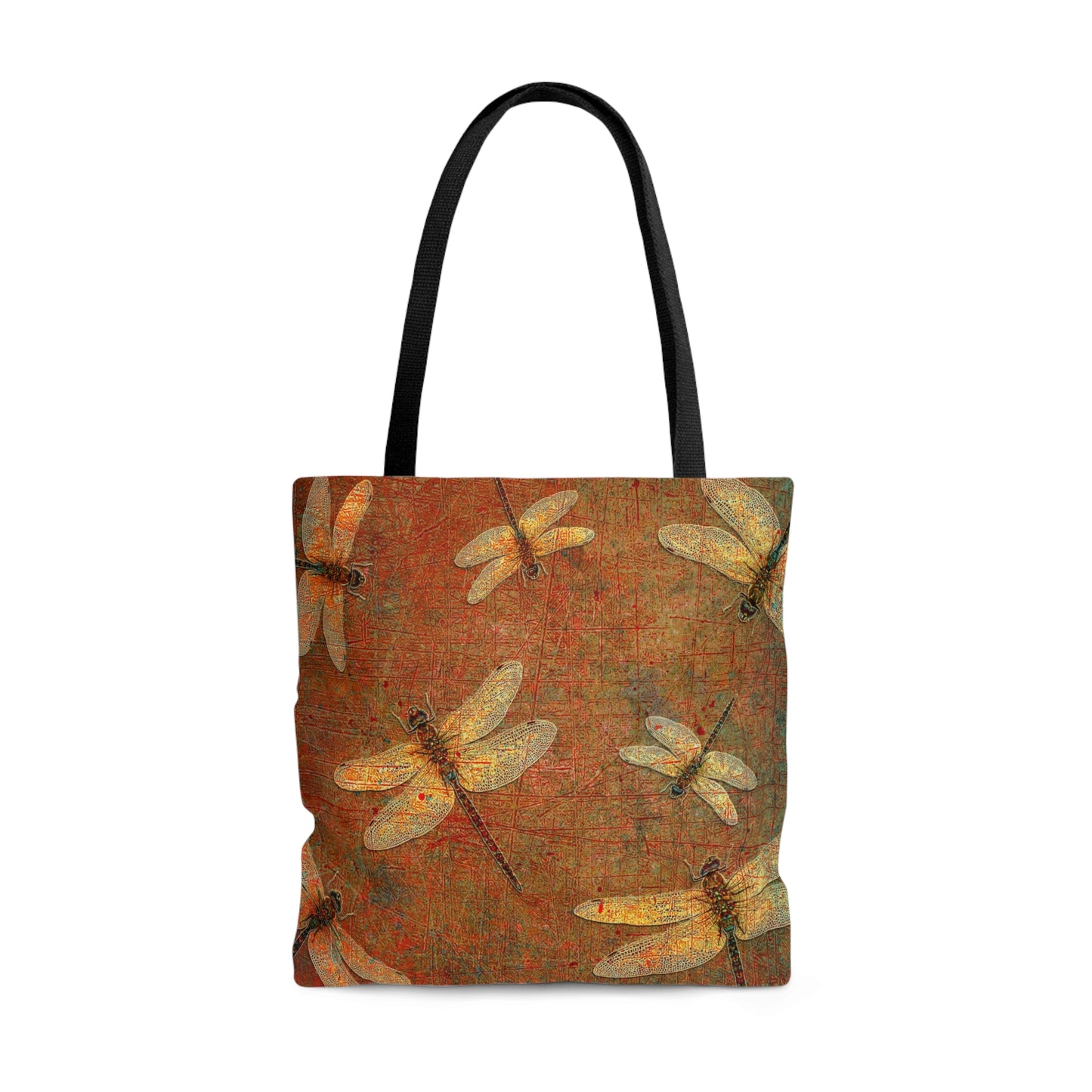 Dragonfly Themed Bags and Accessories - Flight of Golden Dragonflies on Brown Stone Printed on Tote Bag