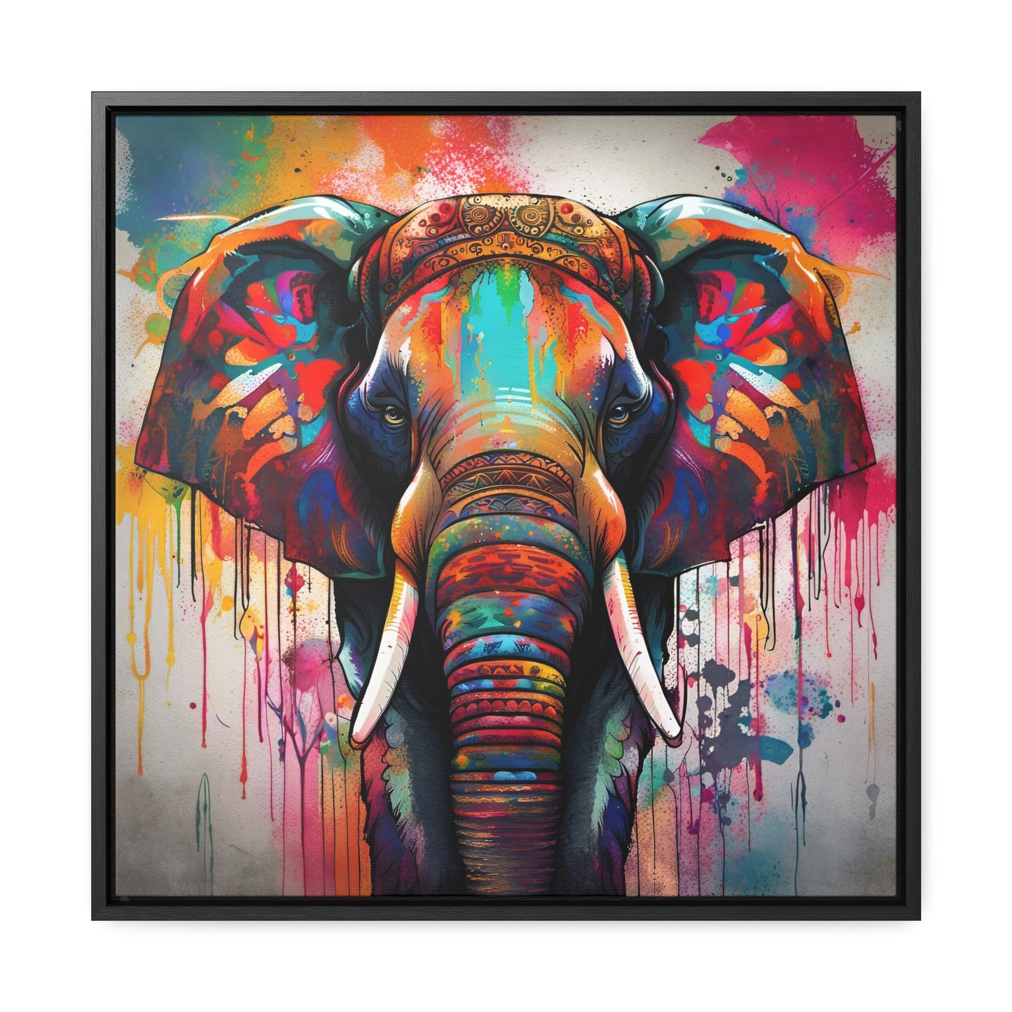 Elephant themed Wall Art Print - Dripping Colors Indian Elephant Print on Canvas in a Floating Frame