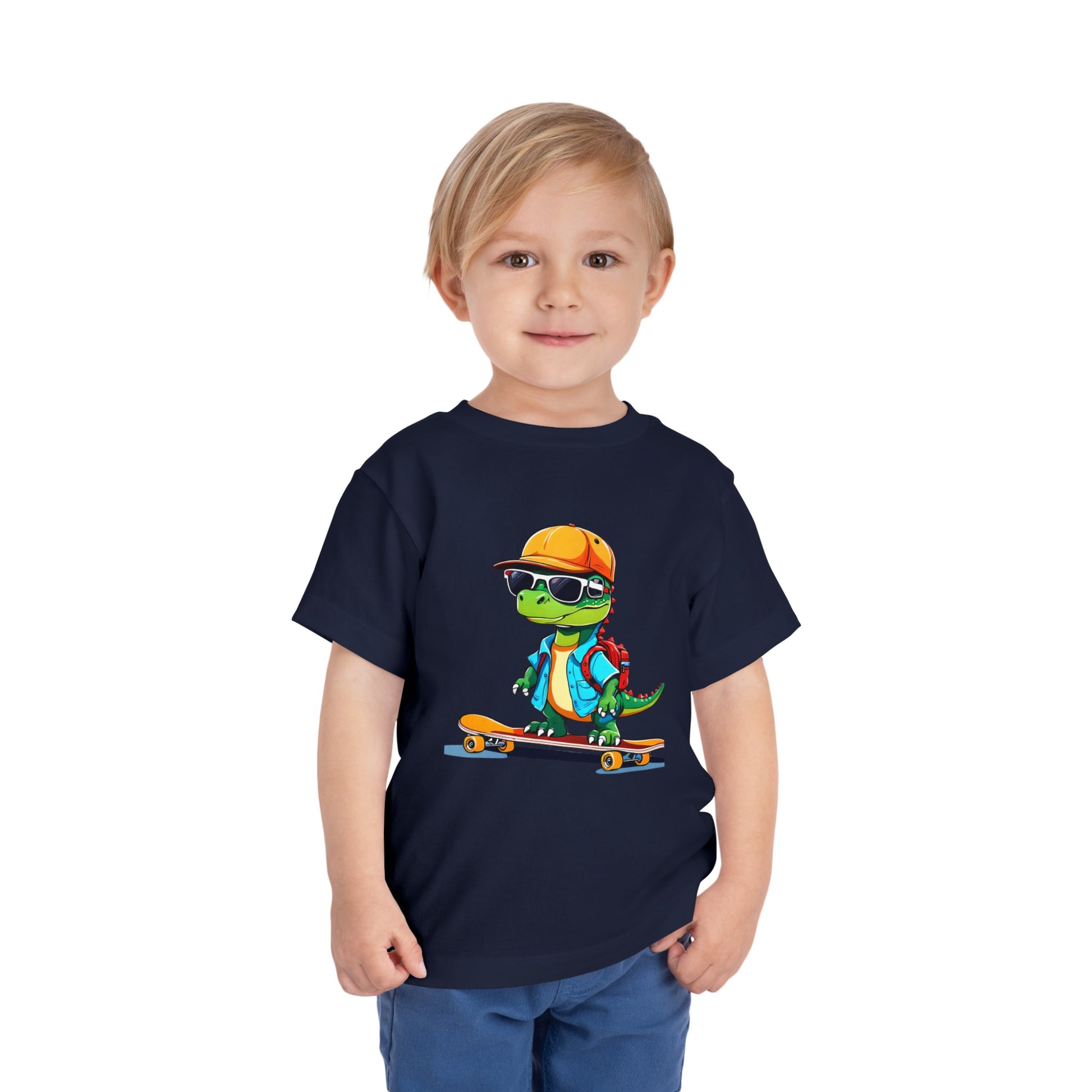 Dino Boy on Skate Board Too Cool For School Toddler Short Sleeve Tee Navy Blue on Boy