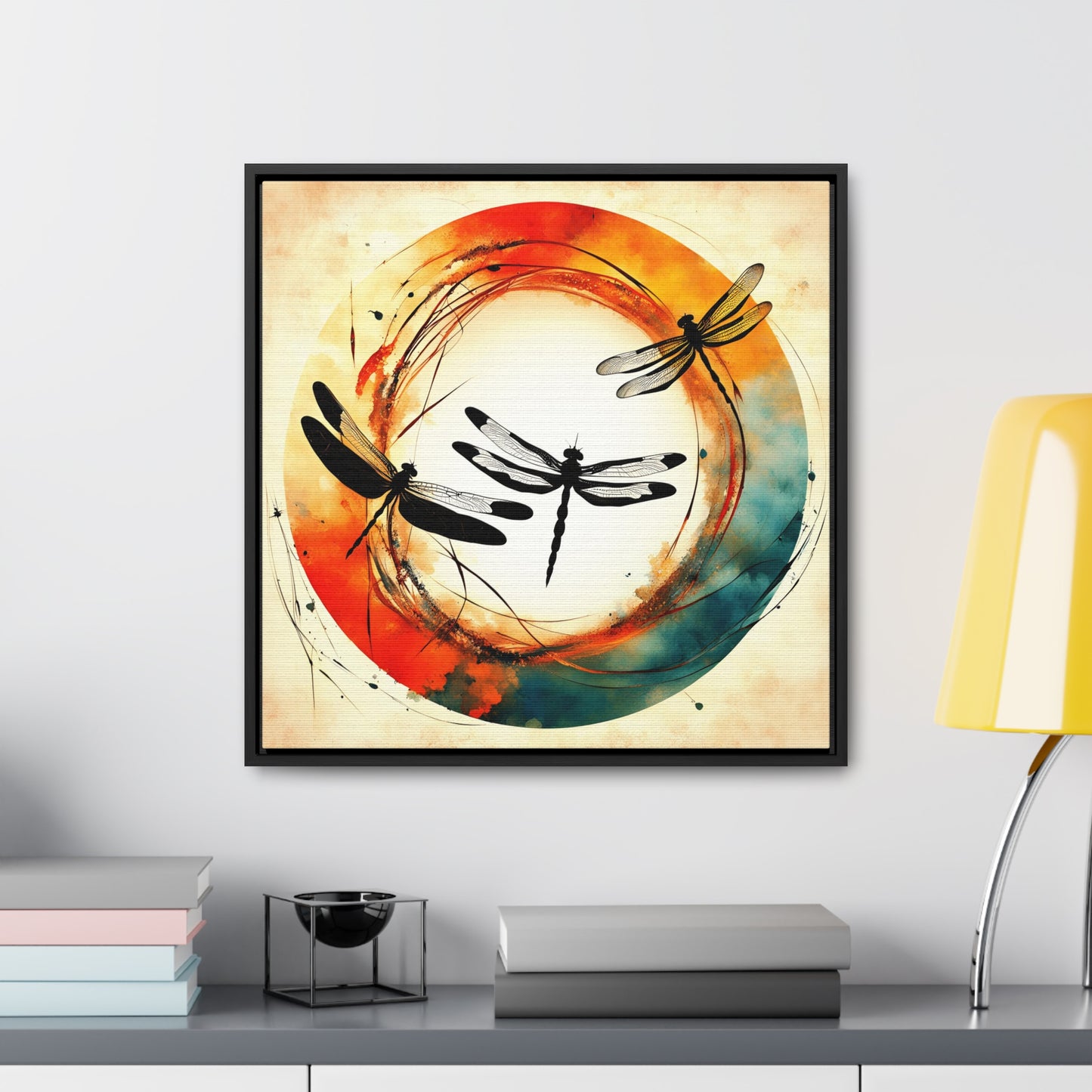 Dragonflies Silhouettes in a colorful Enso circle Print on Canvas in a Floating Frame - Spiritual and Meditation Wall Decor