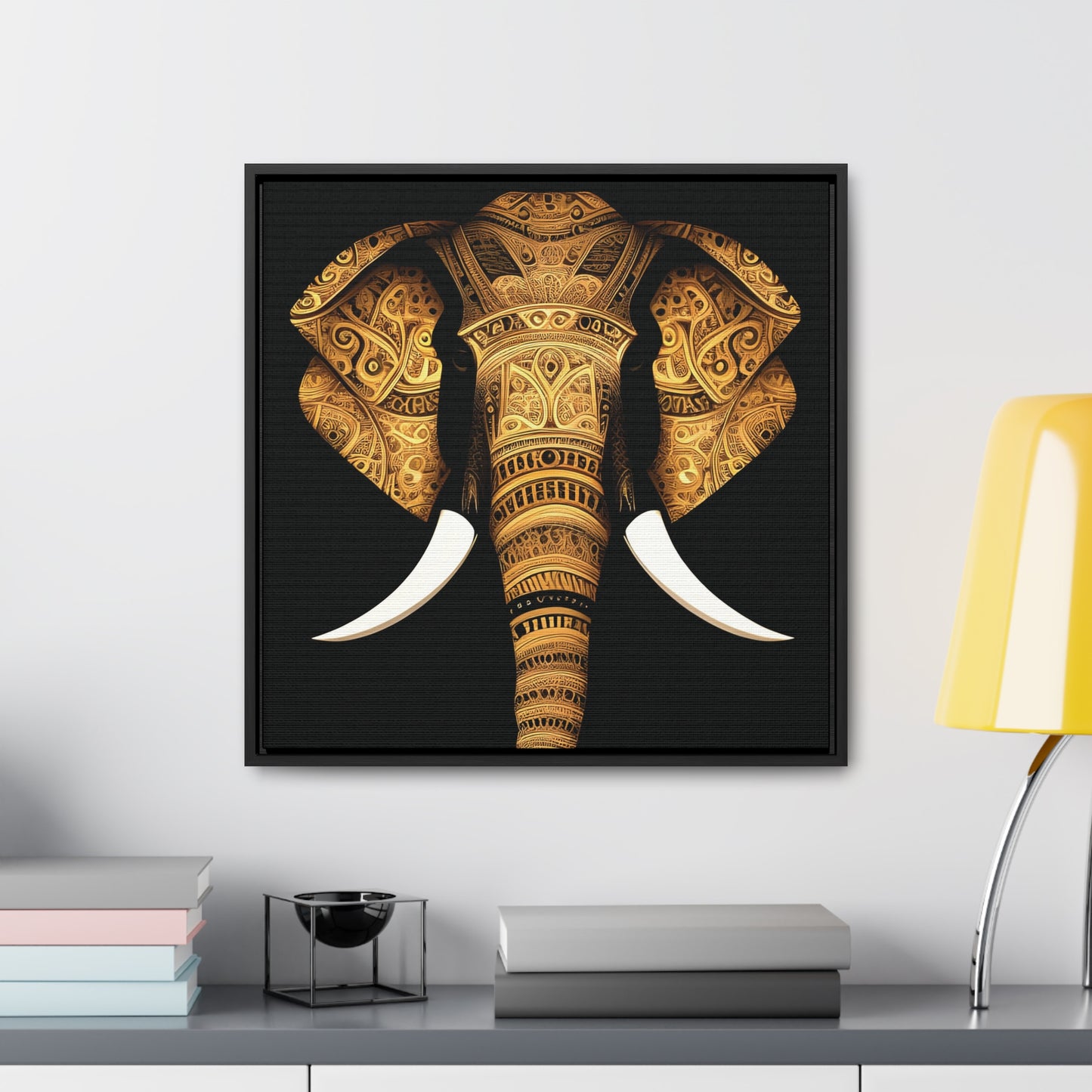 Gold Tribal Elephant Head on Black Background Print on Canvas in a Floating Frame 20x20