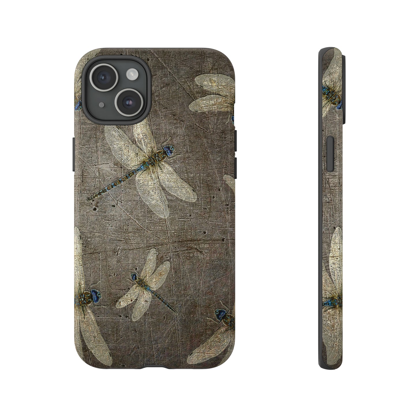 Silver Dragonflies on Stone Gray Print Tough Case for iPhone 15 Plus front and side