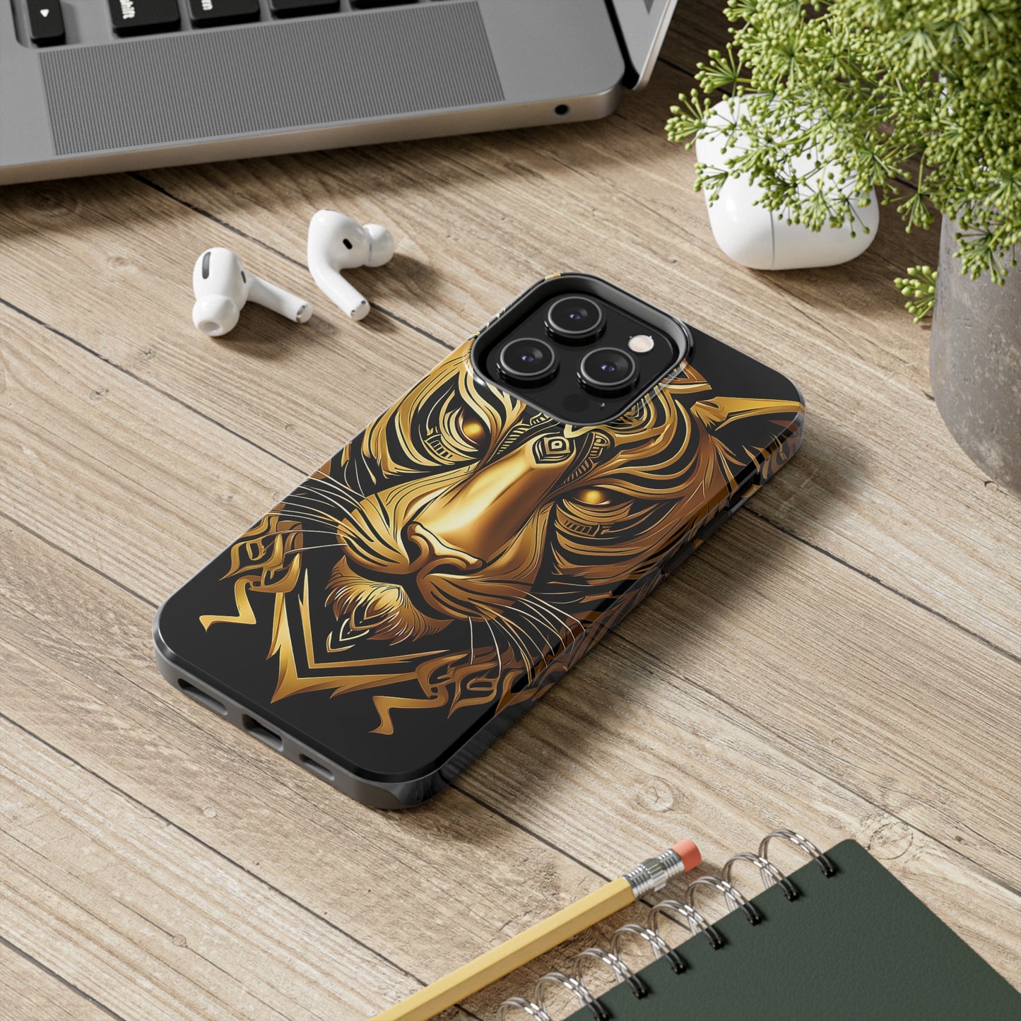 Big Cat Themed iPhone 14 Tough Case - Gold Tribal Tiger Head Printed on Phone Case for iPhone 14 Pro Max on desk