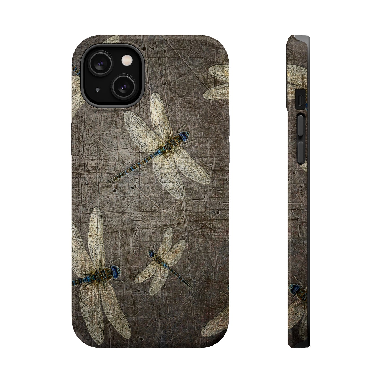 Dragonfly Themed Mag Safe Tough Cases for iPhones 13 and 14 - Flight of Dragonflies on Stone Background Print