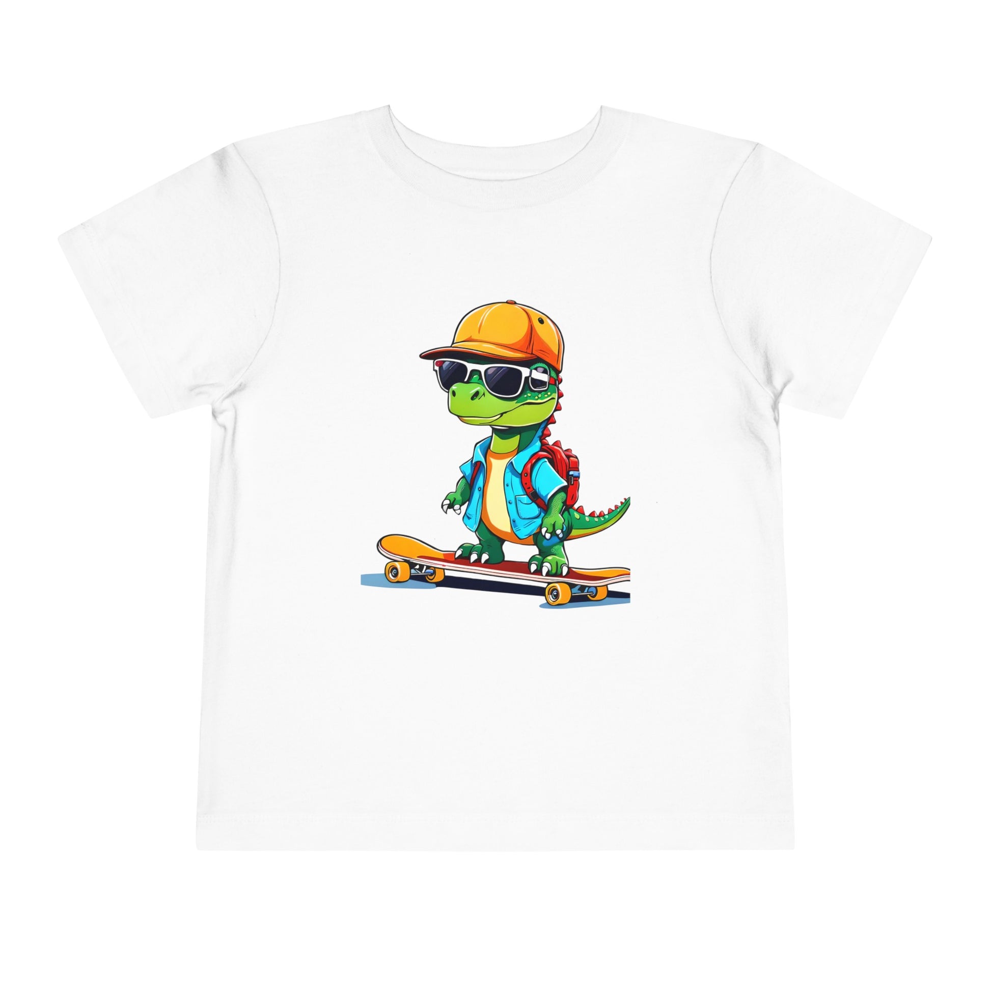 Dino Boy on Skate Board Too Cool For School Toddler Short Sleeve Tee White