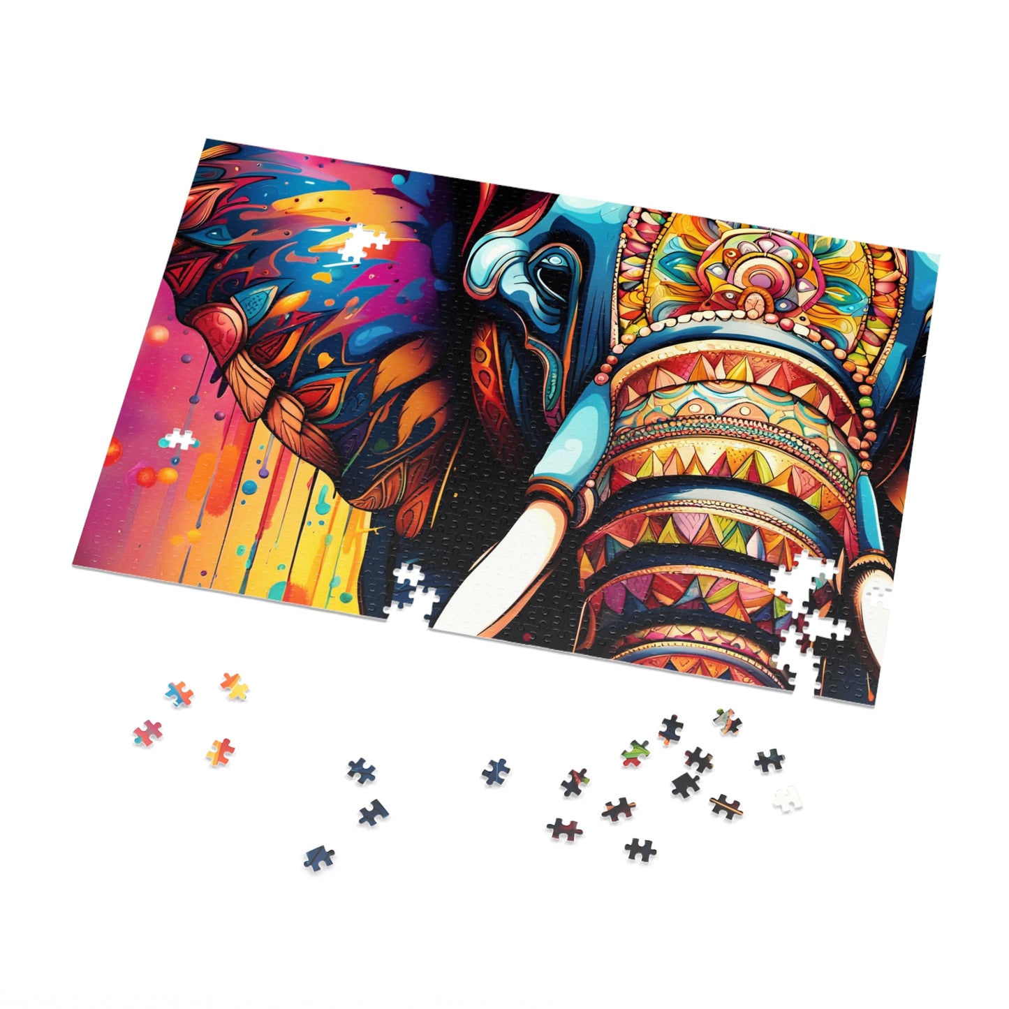 Elephant Themed Jigsaw Puzzle - Stunning Multicolor Mandala Elephant Head Print on 1000 Pieces Puzzle in progress