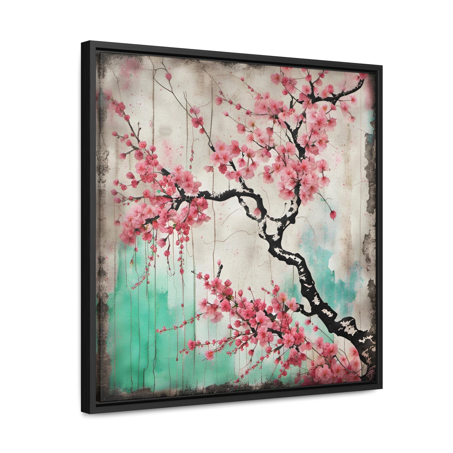 Cherry Blossoms Street Art Style Print on Canvas in a Floating Frame side view