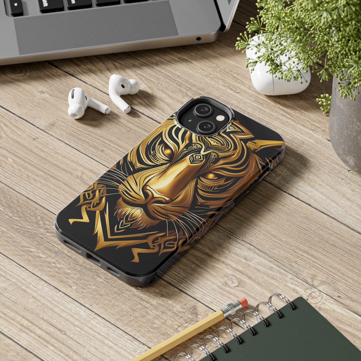 Big Cat Themed iPhone 14 Tough Case - Gold Tribal Tiger Head Printed on Phone Case for iPhone 14 plus on desk