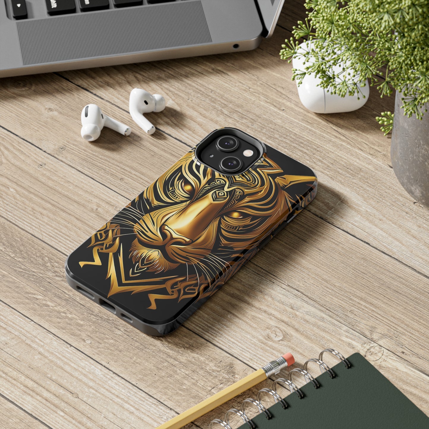 Big Cat Themed iPhone 14 Tough Case - Gold Tribal Tiger Head Printed on Phone Case for iPhone 14 on desk