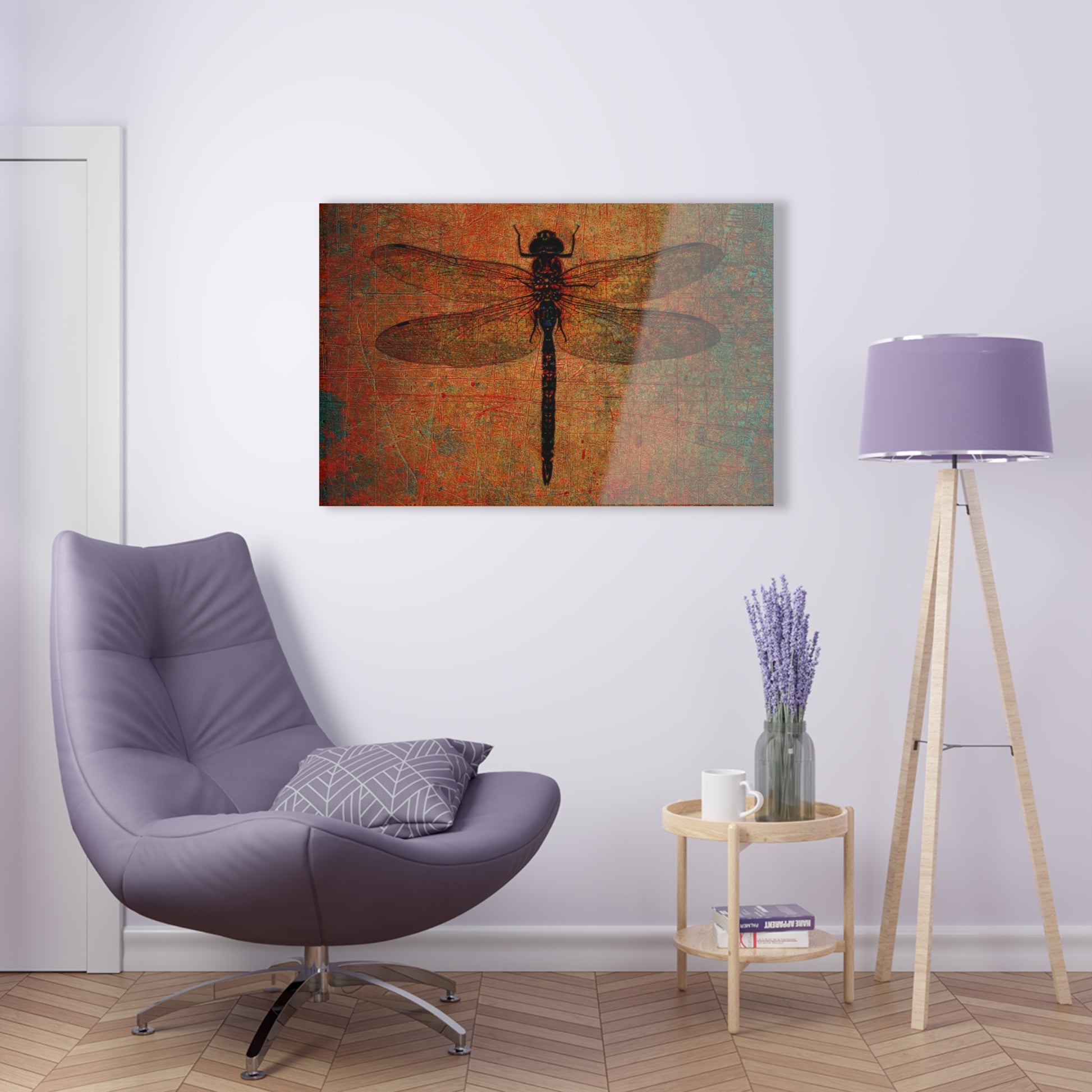 Dragonfly on Distressed Brown Stone Background on a Crystal Clear Acrylic Panel 36x24 hung on light wall
