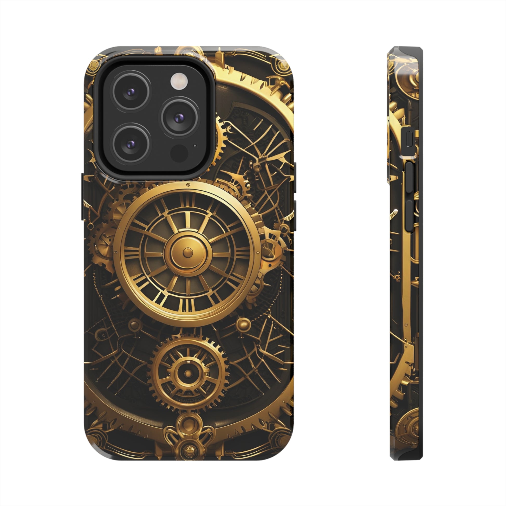 Art Deco Themed Steampunk Panel Tough Phone Case for iPhone  - Gold and Copper Gears Panel Style Printed on Phone Case for iPhone 14 Pro