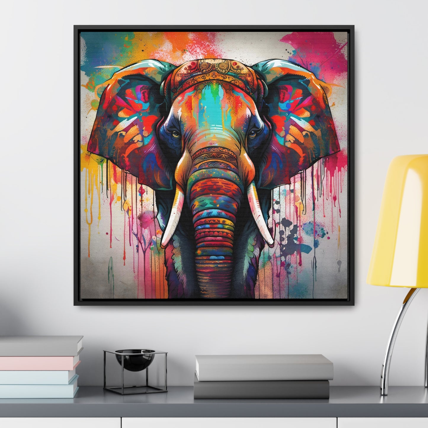Dripping Colors Indian Elephant Print on Canvas in a Floating Frame 24x24