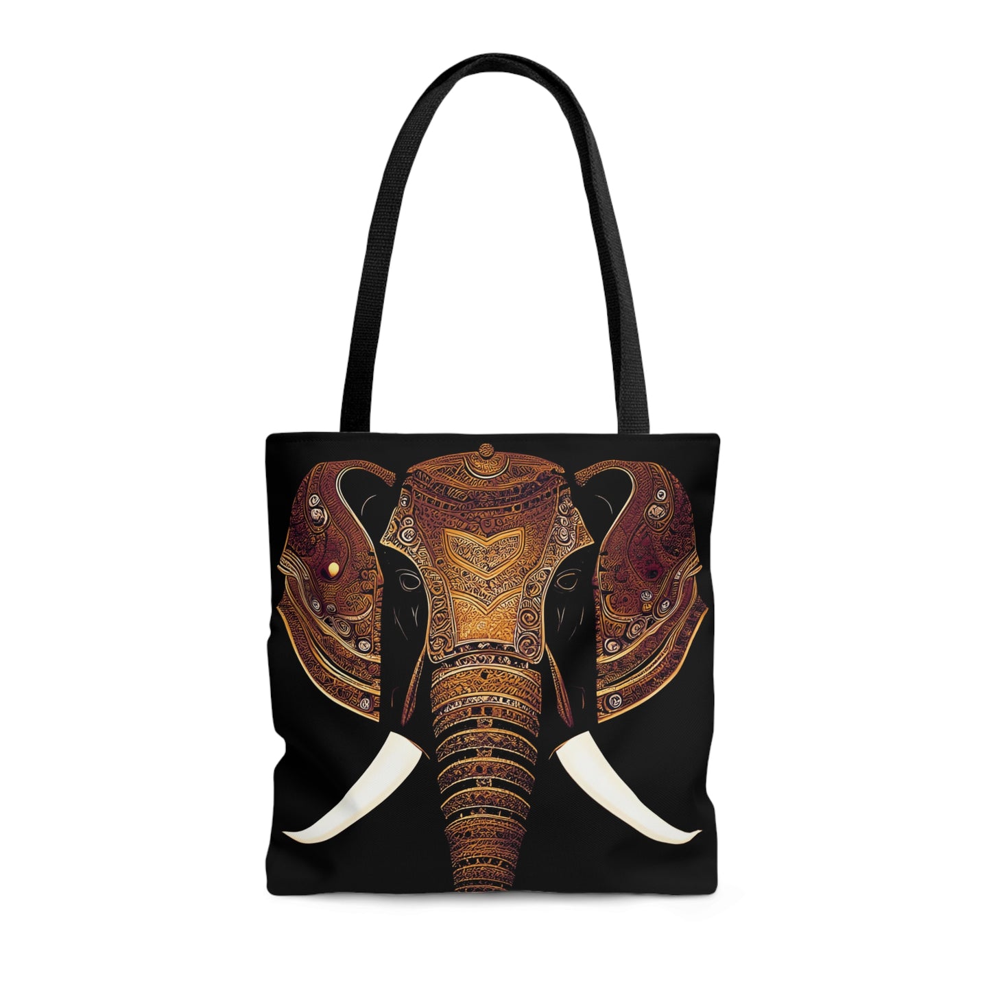 Indian Elephant Head With Parade Colors on Black Background tote bag