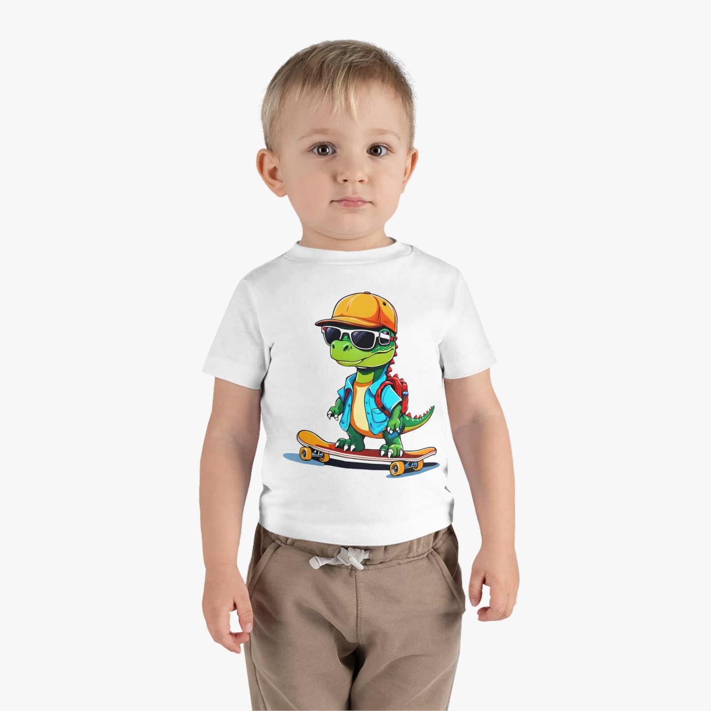 Dino Boy on Skate Board, Too Cool For School Infant Cotton Jersey Tee White on Boy