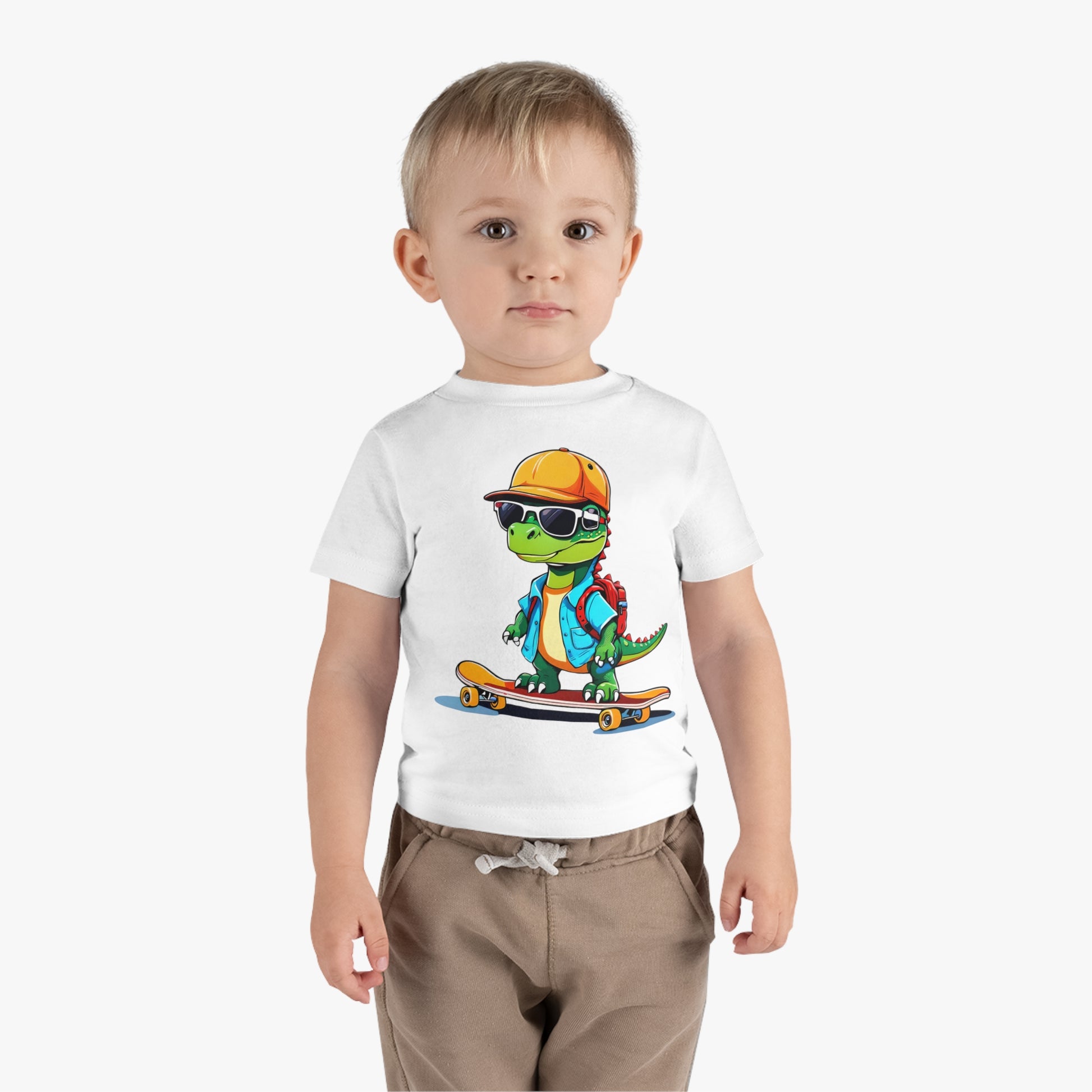 Dino Boy on Skate Board, Too Cool For School Infant Cotton Jersey Tee White on Boy