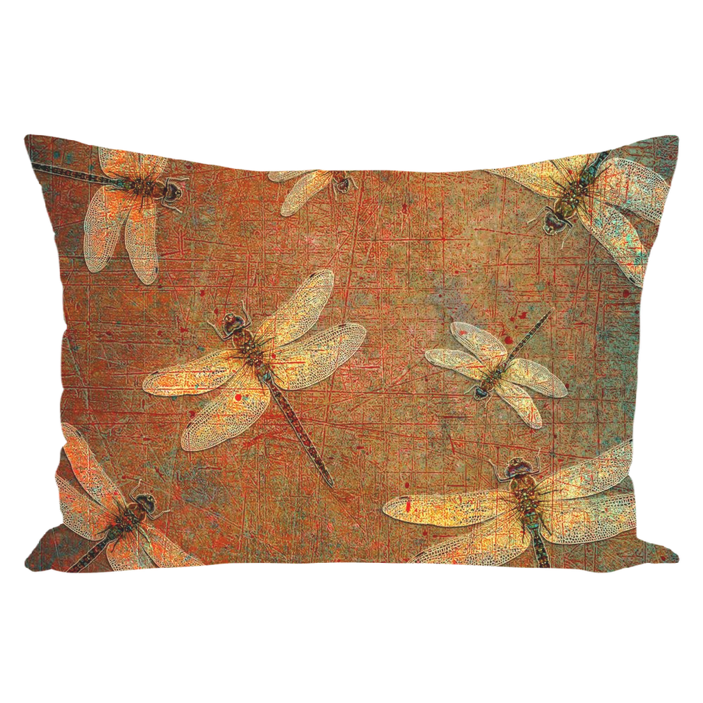 Double Sided Rectangular Throw Pillow Golden Dragonfly on Distressed Brown Background Print back