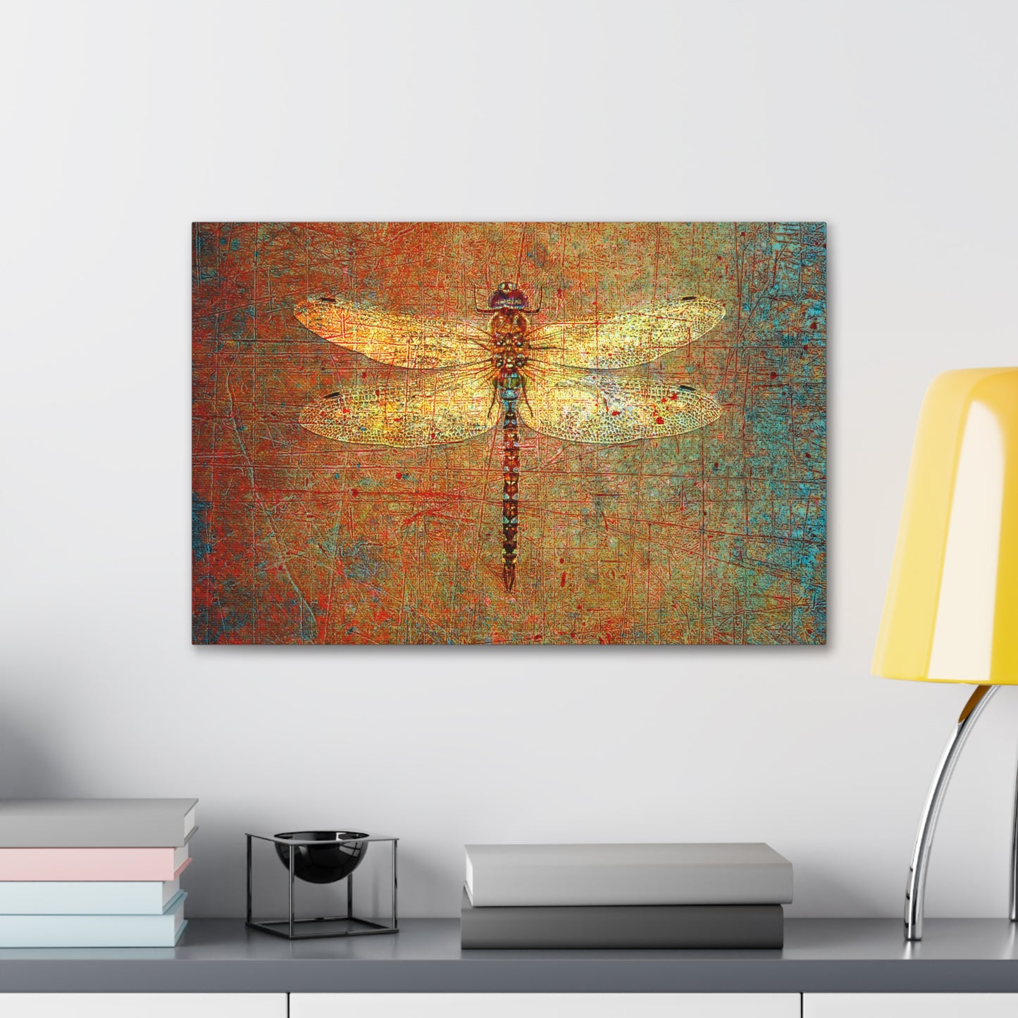 Golden Dragonfly on Distressed Orange and Green Background Print on Unframed Stretched Canvas 24x16