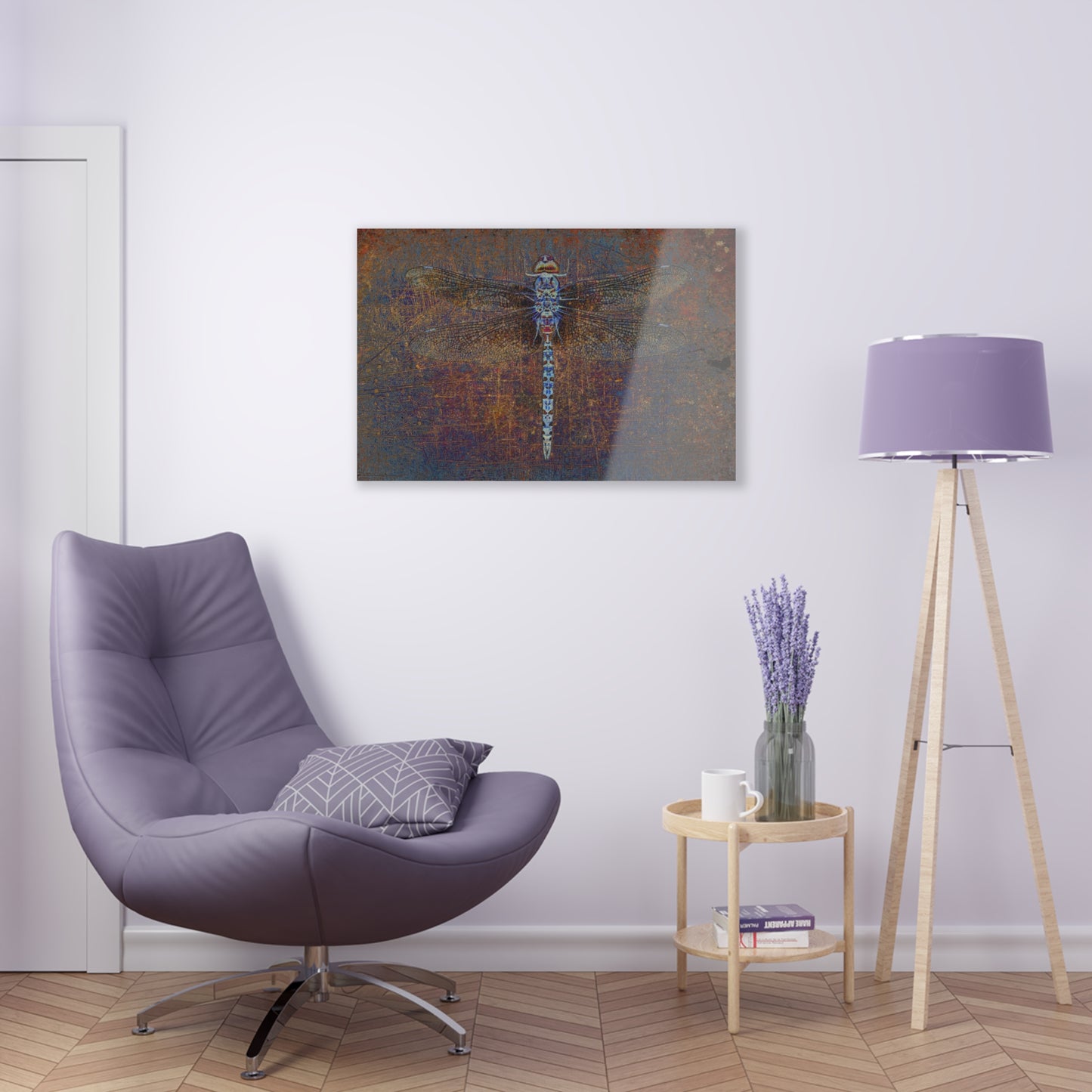 Dragonfly on Distressed Purple and Orange Background Print on a Crystal Clear Acrylic Panel 30x20 hung on white wall
