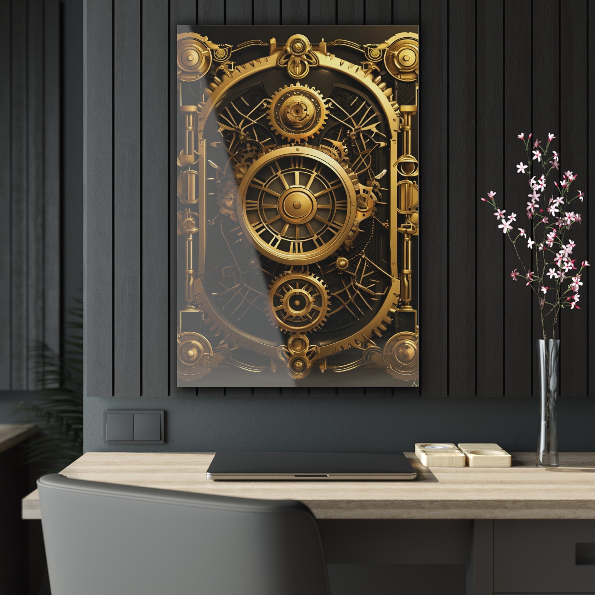 Art Deco themed steampunk gold and copper gears panel style printed on a crystal clear acrylic panel 24x36 hung