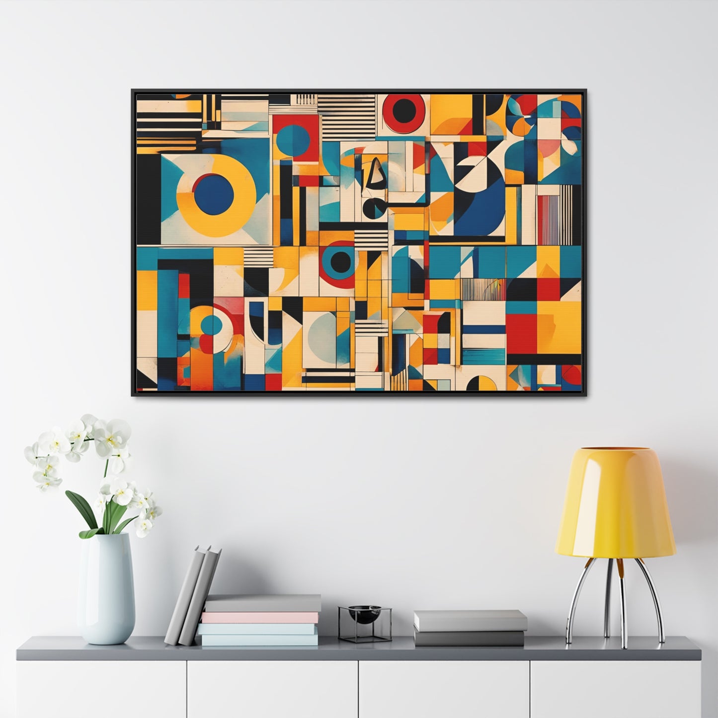Bold Mid Century Modern Wall Art Print on Canvas in a Floating Frame 48x32 hung