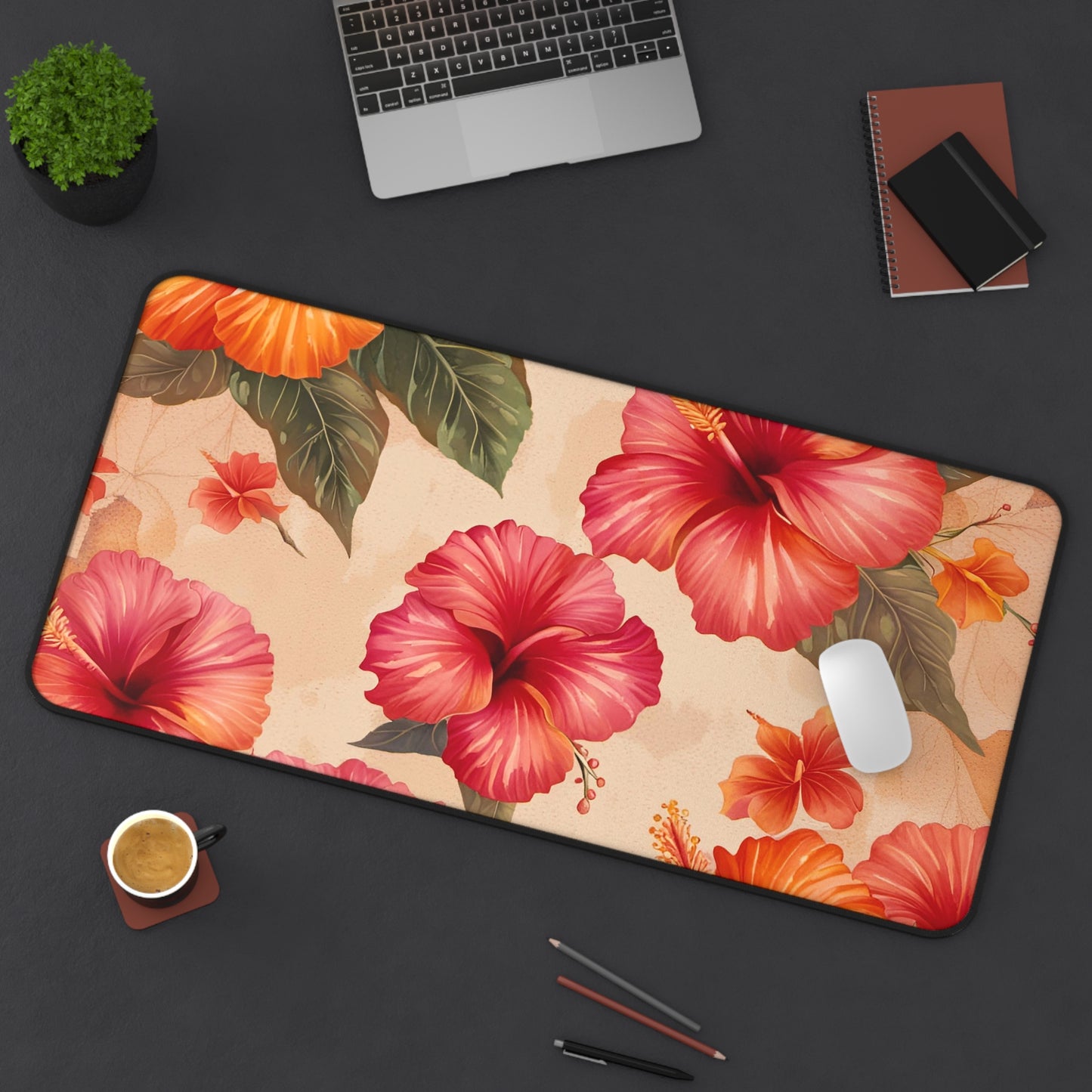 Hibiscus Flowers on Distressed Background Printed on Desk mat 15x31 on desk