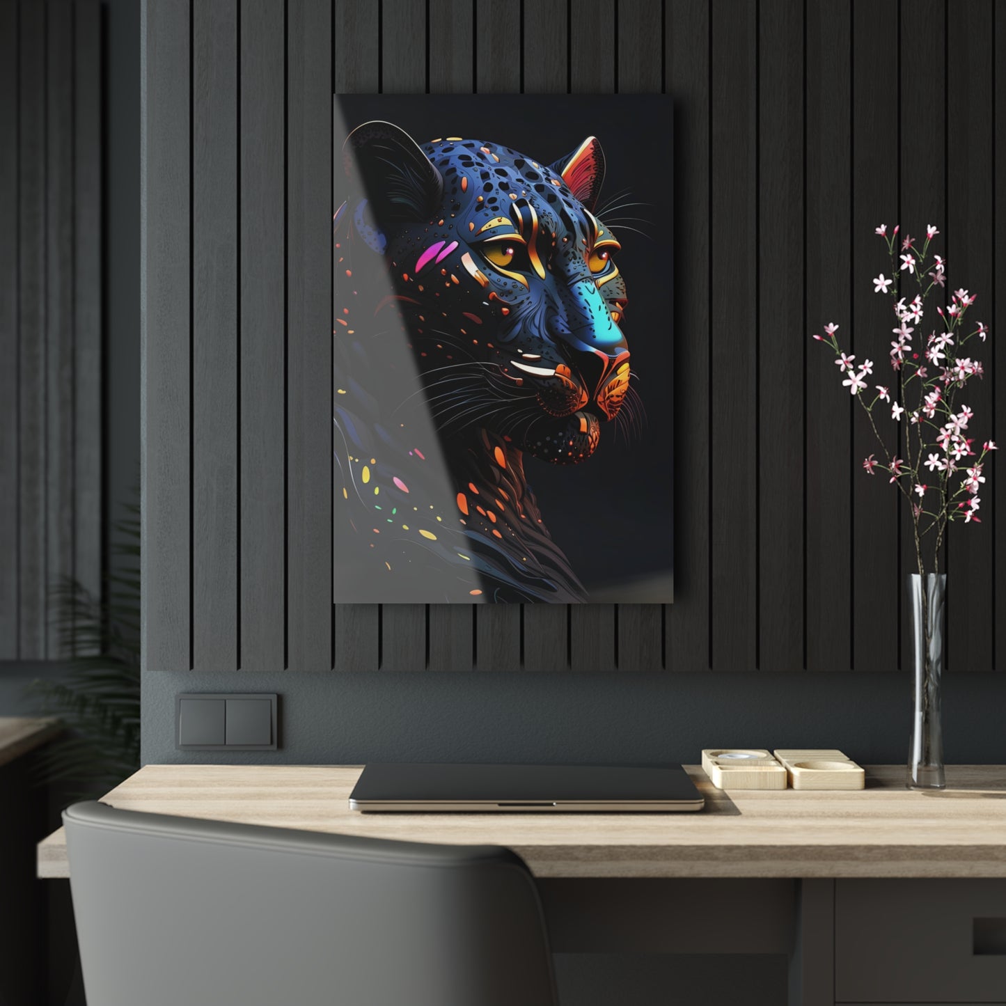 Stylized Colorful Black Panther Head printed on a crystal clear acrylic panel 20x30 hung