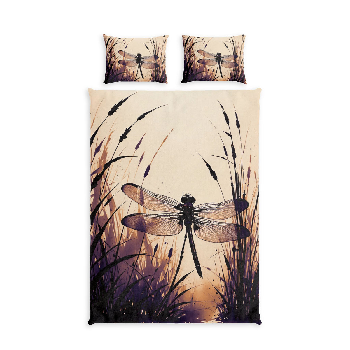 Sumi-e Style Japanese Ink Wash Dragonfly over Reeds Bedding Set, One Duvet Cover, Two Pillow Shams