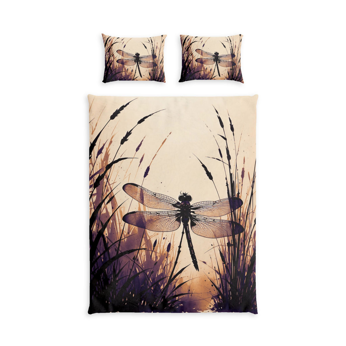 Sumi-e Style Japanese Ink Wash Dragonfly over Reeds Bedding Set, One Duvet Cover, Two Pillow Shams