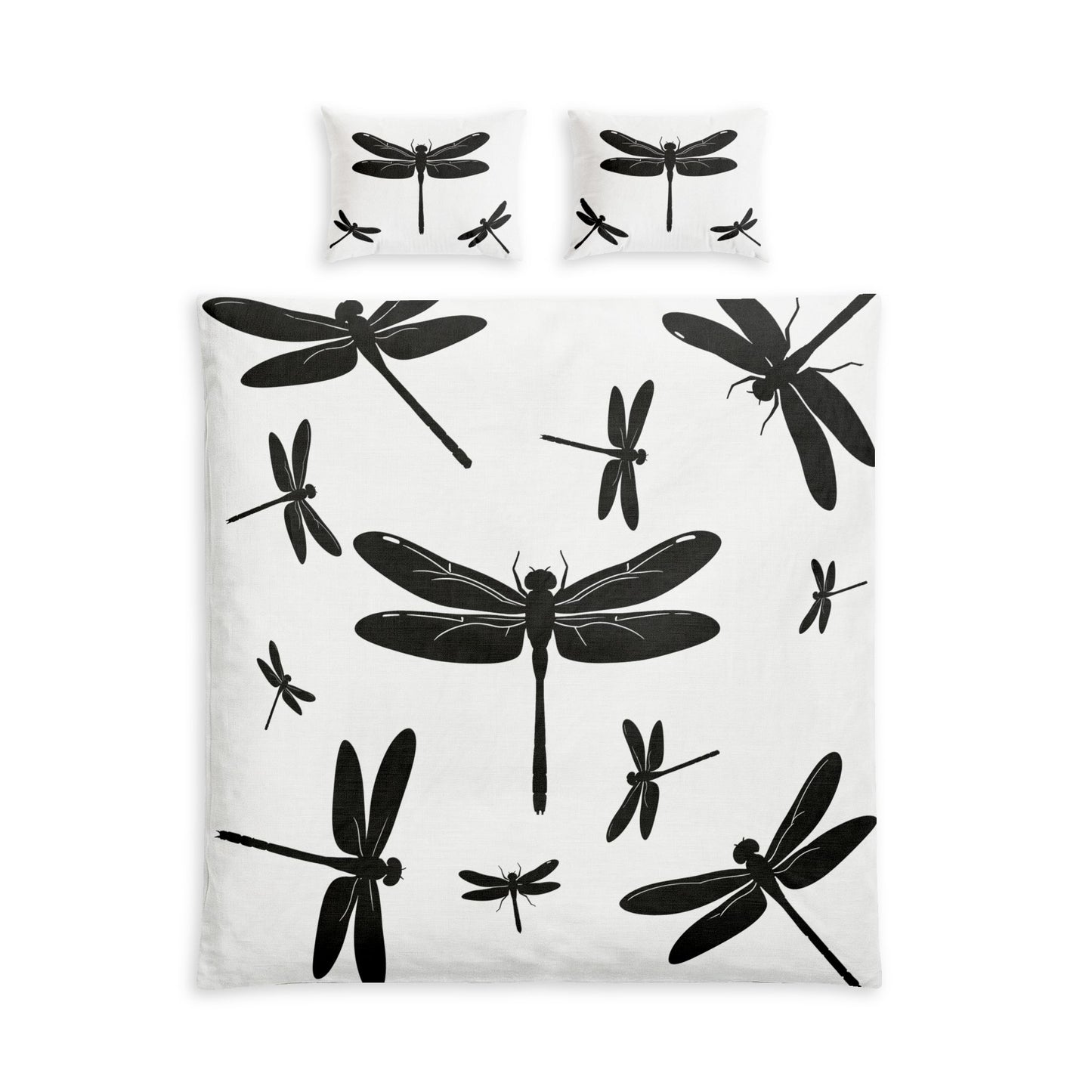 A bedding set featuring a duvet cover and two matching pillowcases with a black dragonfly pattern on a white background, shown against a plain white studio backdrop.