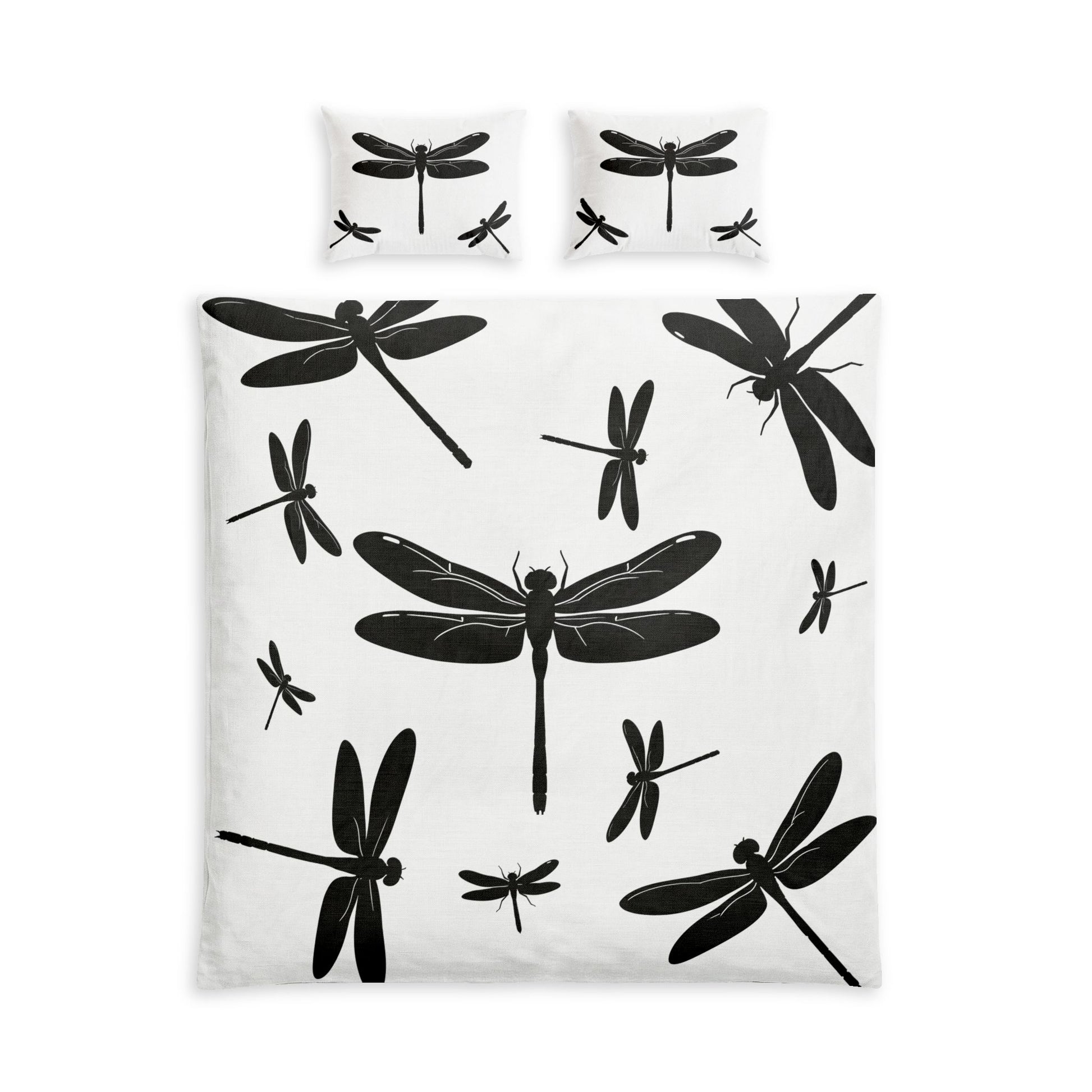 A bedding set featuring a duvet cover and two matching pillowcases with a black dragonfly pattern on a white background, shown against a plain white studio backdrop.