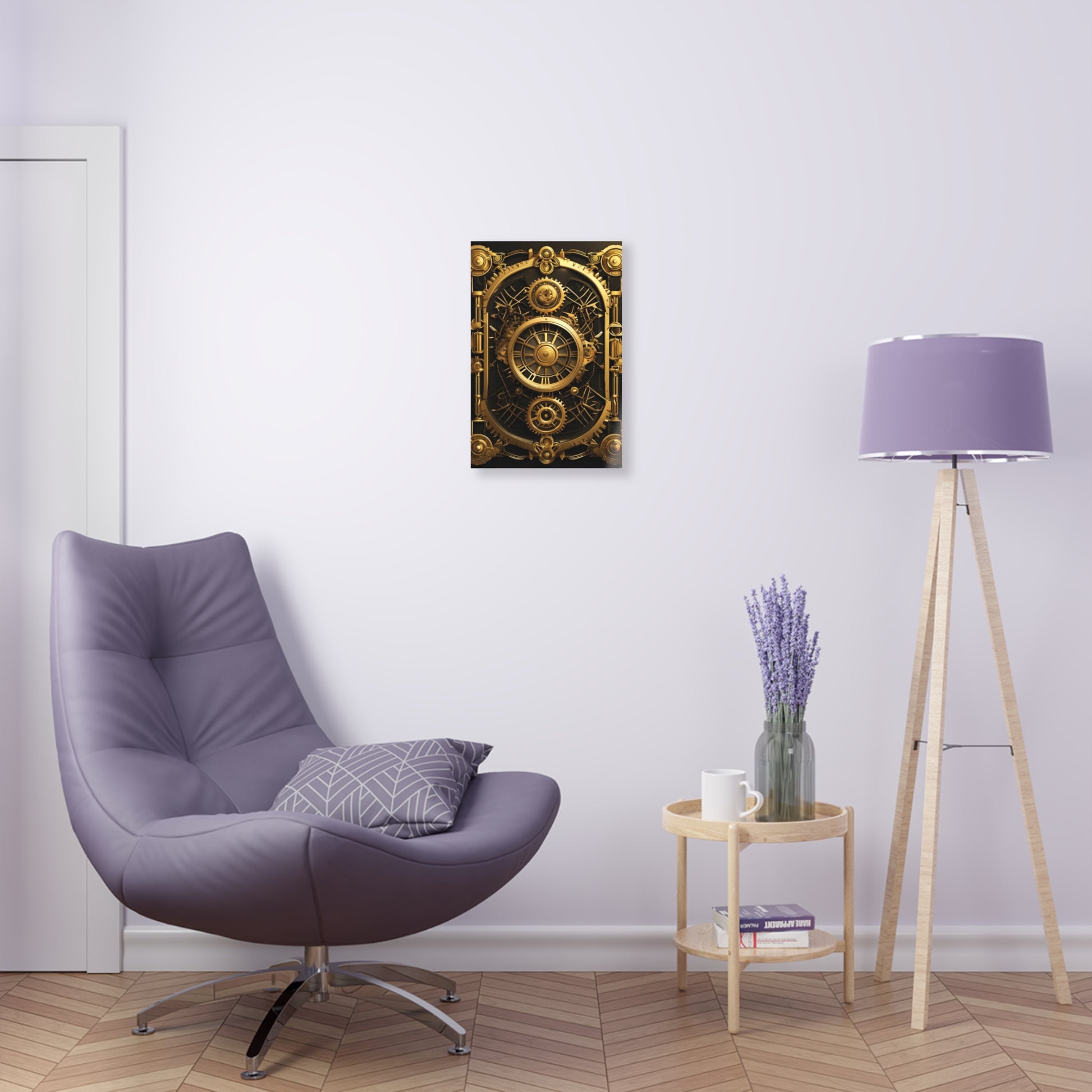Art Deco themed steampunk gold and copper gears panel style printed on an acrylic panel 12x18 hung