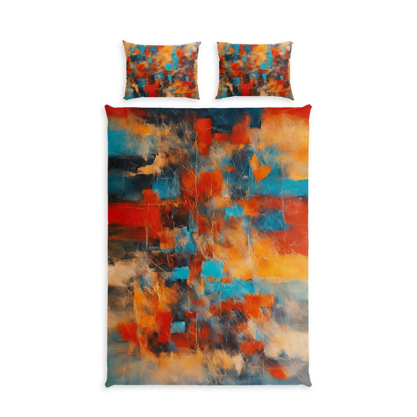 Abstract bedding set featuring a duvet cover and two matching pillowcases with a vibrant, multicolored abstract painting design in red, orange, blue, and cream tones, shown against a plain white background.