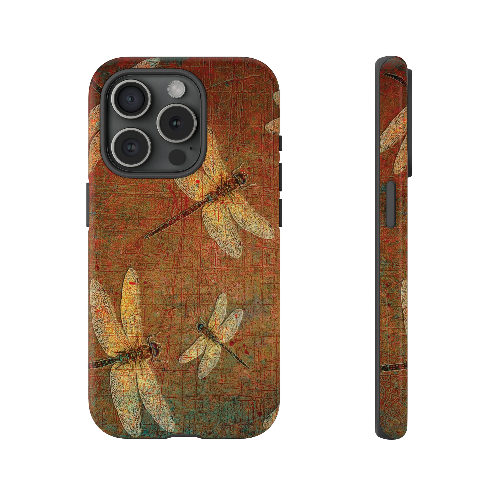 Golden Dragonflies on Brown Background Print Tough Case for iPhone 15 Pro front and side