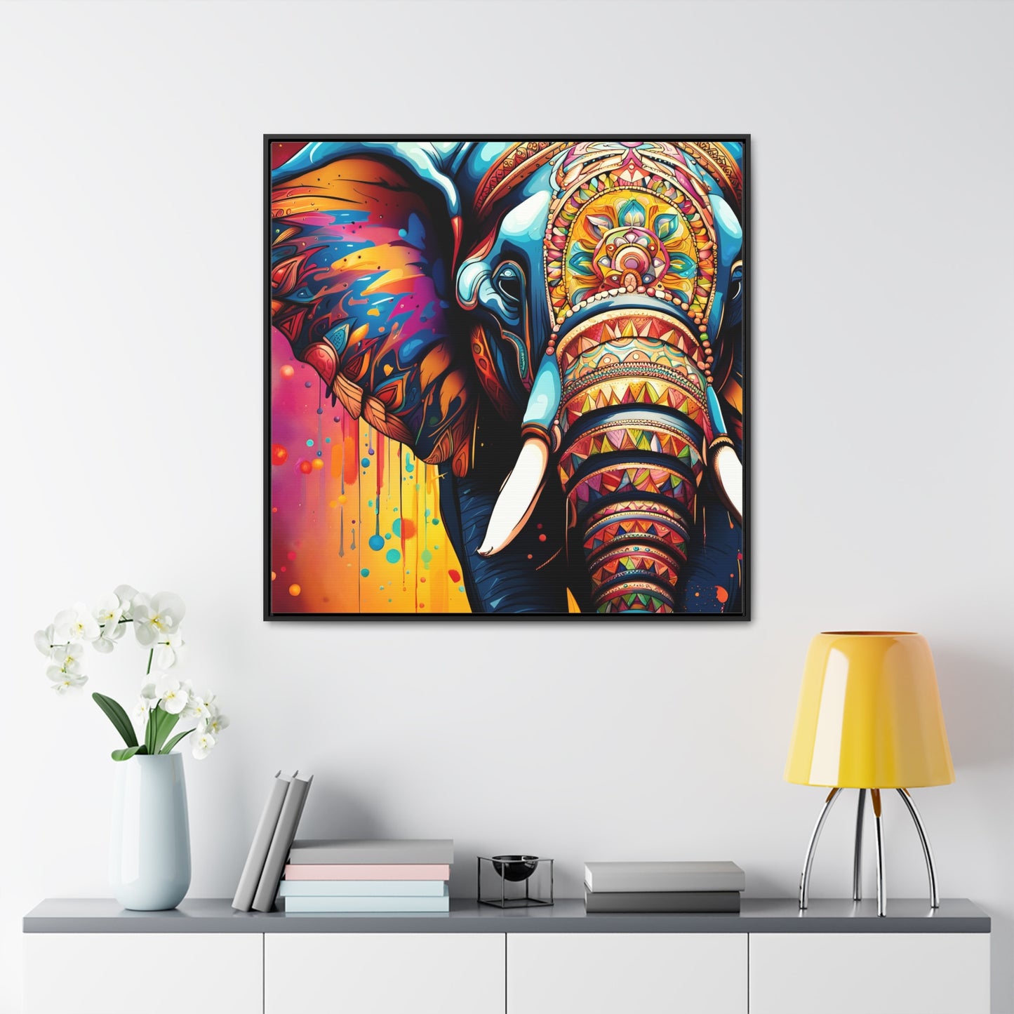 Stunning Multicolor Elephant Head Print on Canvas in a Floating Frame 36x36 hung on light wall