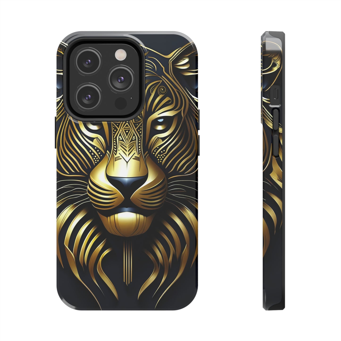 Tough Phone Case for iPhone 14 - Blue and Gold Tribal Tiger Head Art Deco Style Printed on Phone Case for iPhone 14 Pro