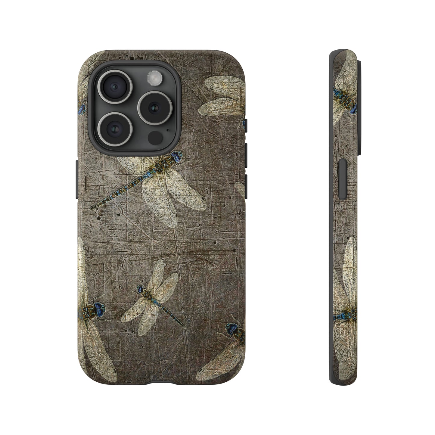 Silver Dragonflies on Stone Gray Print Tough Case for iPhone 15 Pro front and side