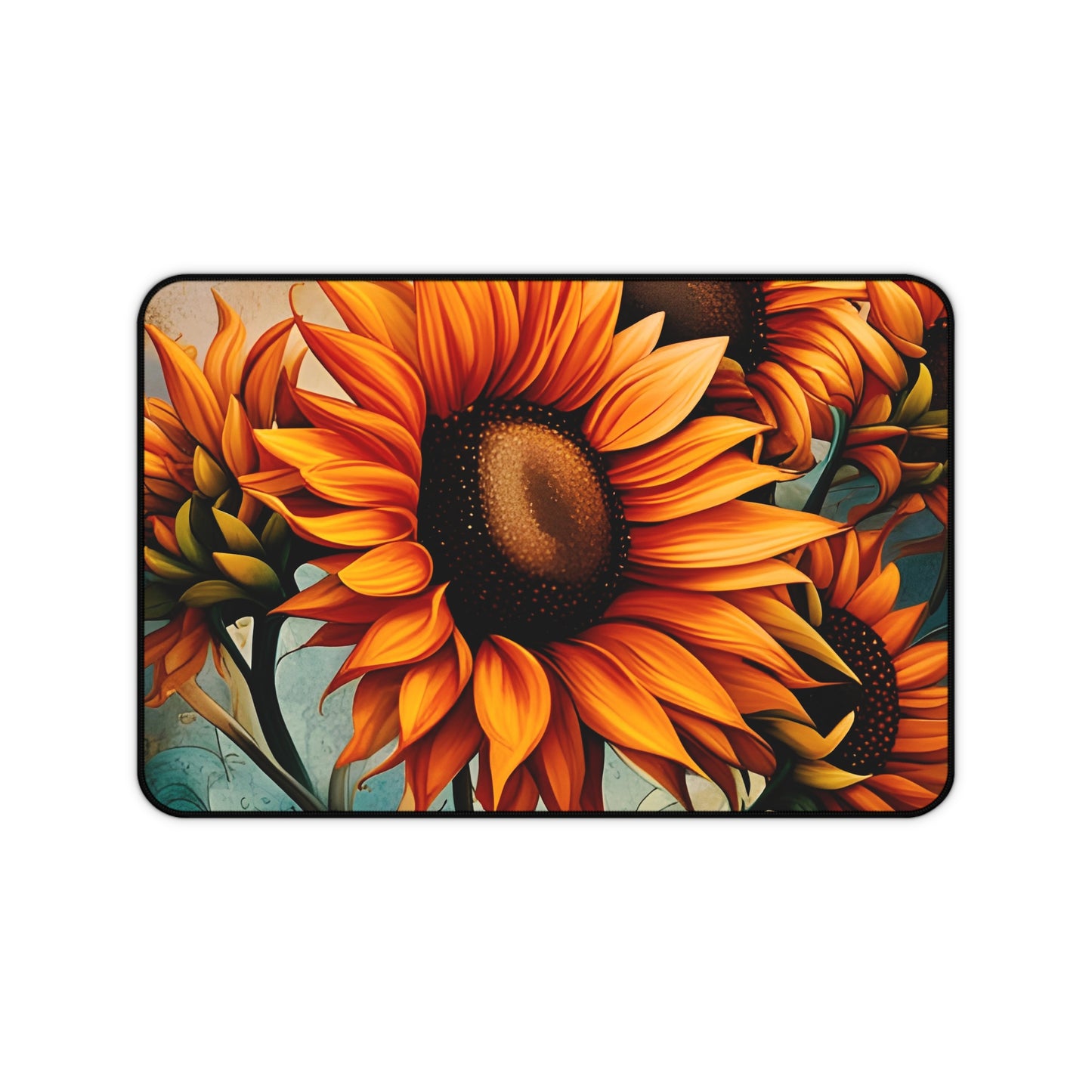 Sunflower Crop on Distressed Blue and Copper Background Printed on Desk mat 12x18
