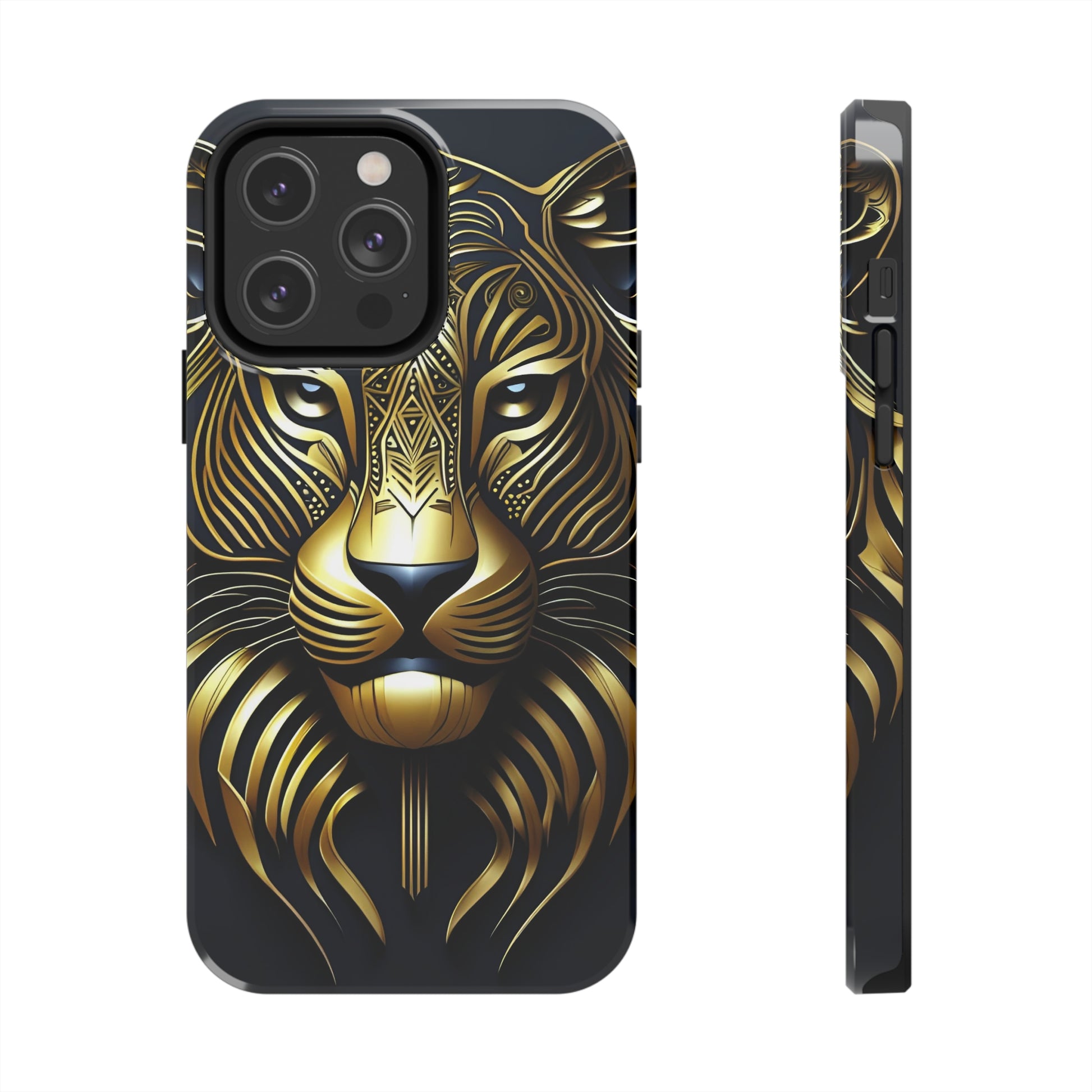Tough Phone Case for iPhone 14 - Blue and Gold Tribal Tiger Head Art Deco Style Printed on Phone Case for iPhone 14 Pro Max