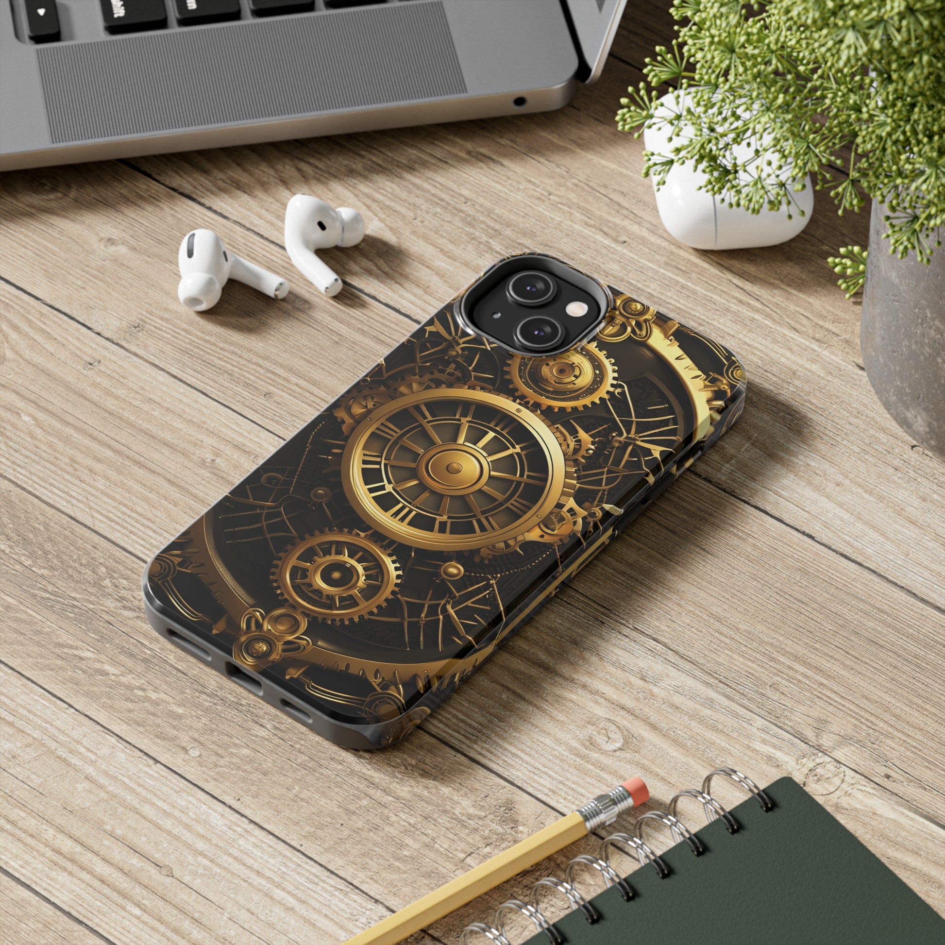 Art Deco Themed Steampunk Panel Tough Phone Case for iPhone  - Gold and Copper Gears Panel Style Printed on Phone Case for iPhone 14 plus on desk