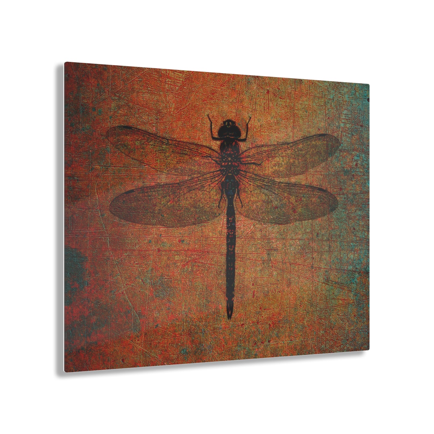 Dragonfly Themed Modern Wall Art - Dragonfly on Distressed Brown Stone Background on a Crystal Clear Acrylic Panel