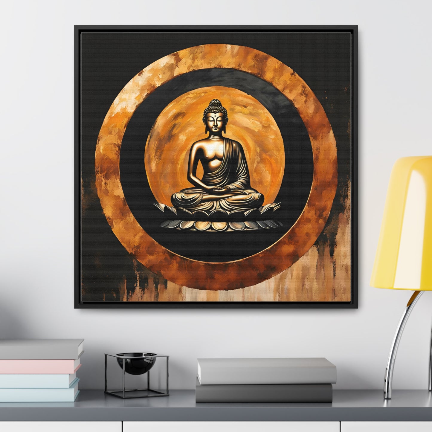 Golden Sitting Buddha in a Gold Enso Circle Print on Canvas 30x30