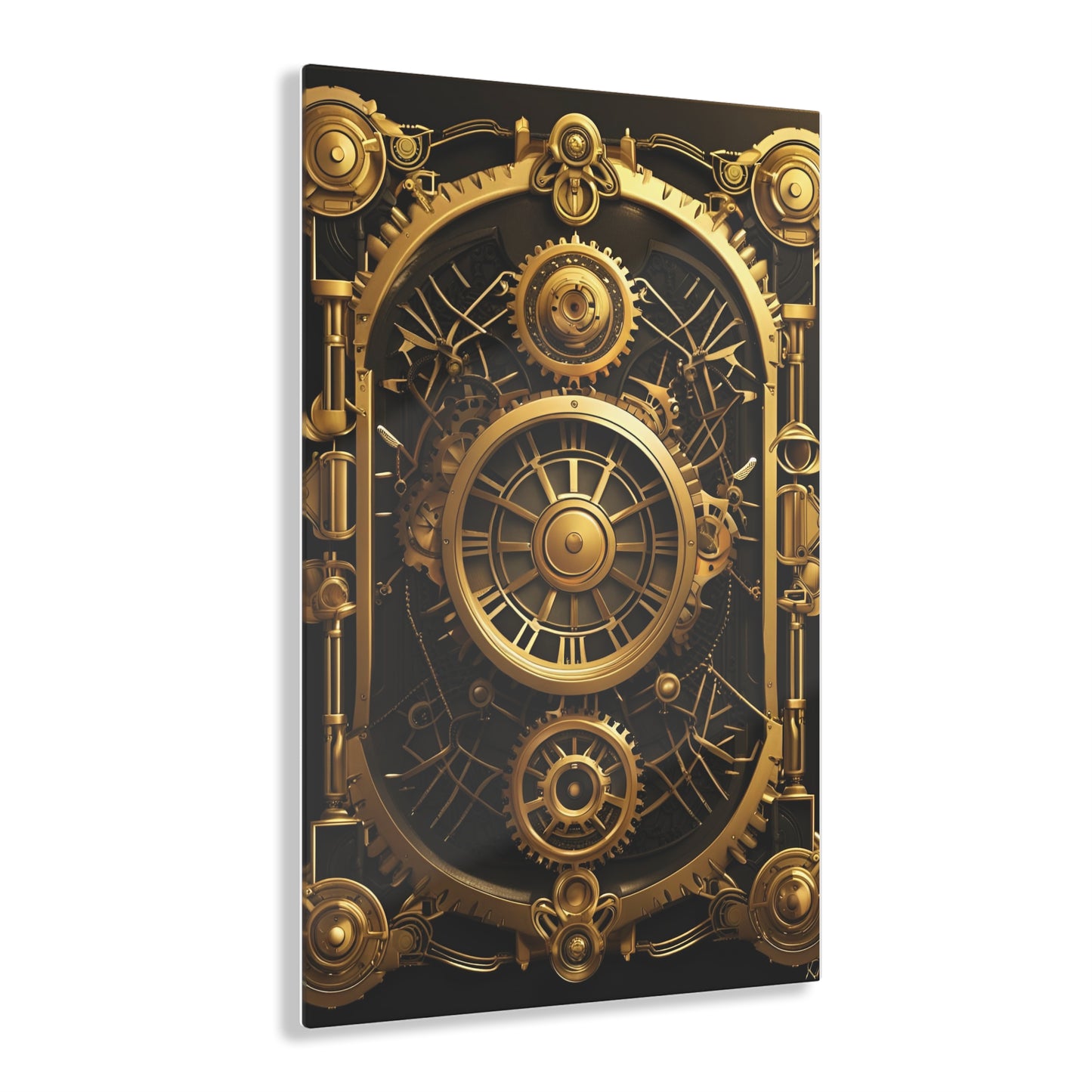 Art Deco themed steampunk gold and copper gears panel style printed on a crystal clear acrylic panel