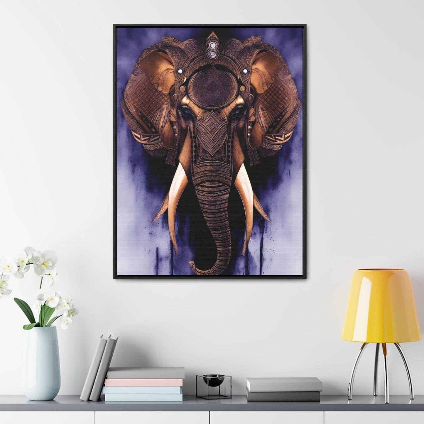 Elephant Themed Modern Wall Art - Tribal Elephant Head on Purple Background Print on Canvas in a Floating Frame hung 30x40