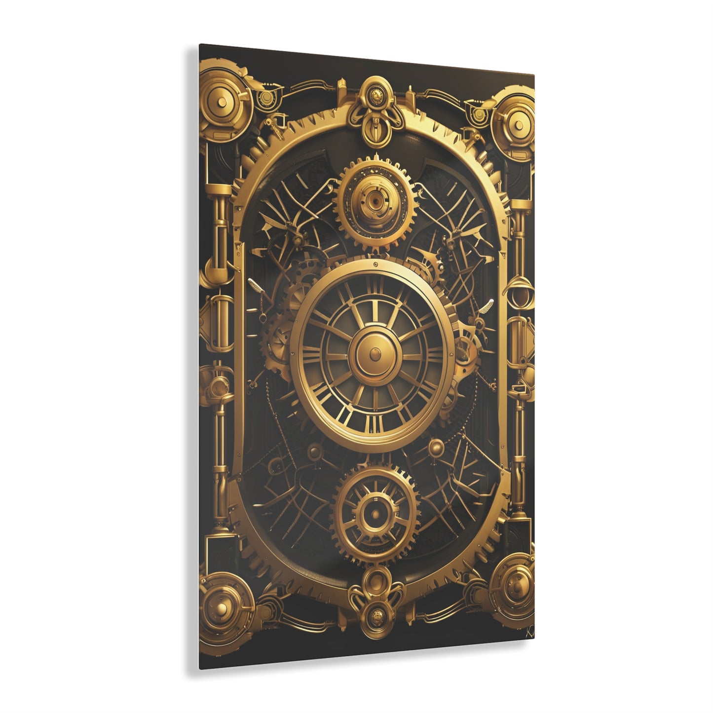 Art Deco themed steampunk gold and copper gears panel style printed on a crystal clear acrylic panel 24x36 hung