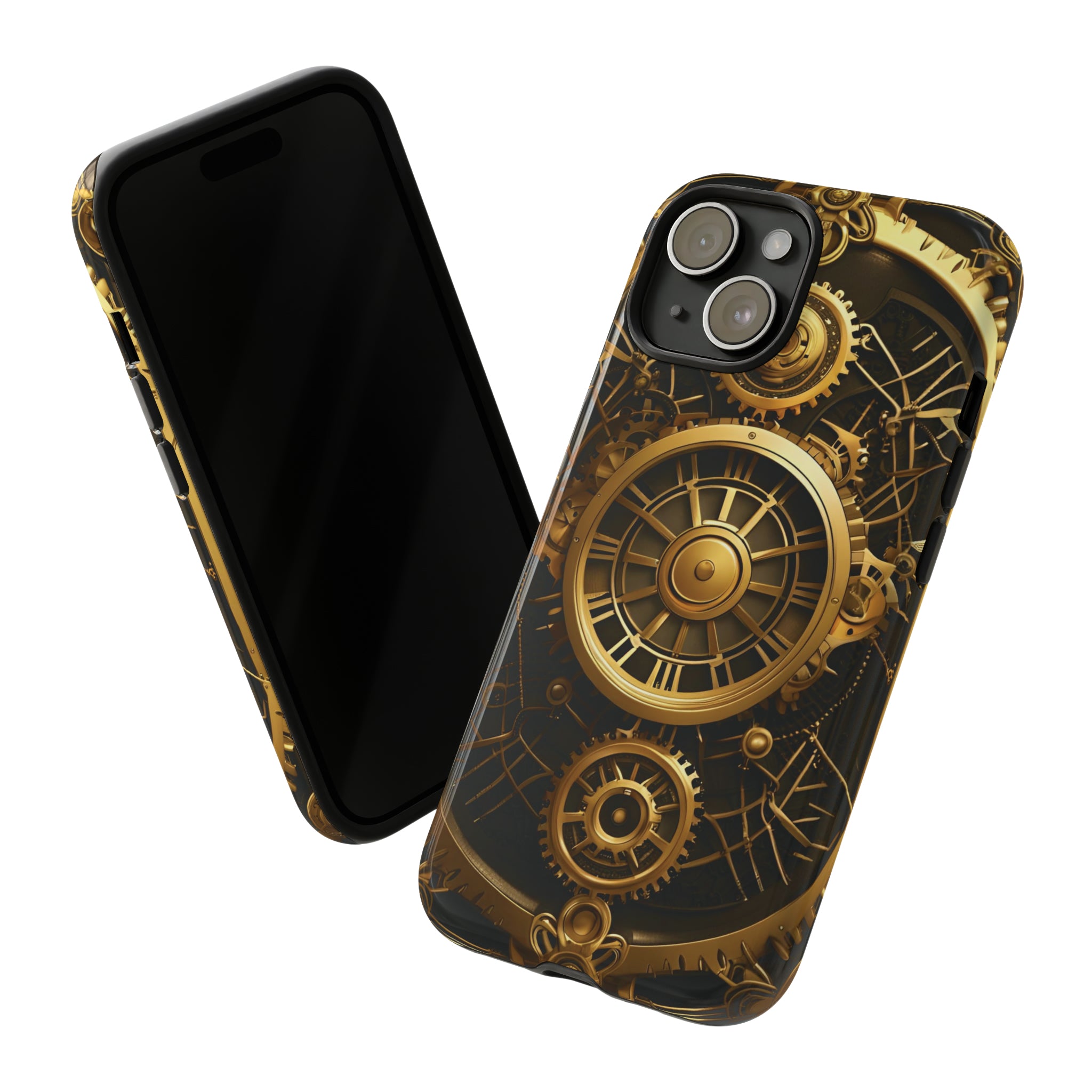 Tough Phone Case for iPhone 15 - Art Deco Themed Steampunk Gold and Copper  Gears Panel Printed on Phone Case for iPhone 15
