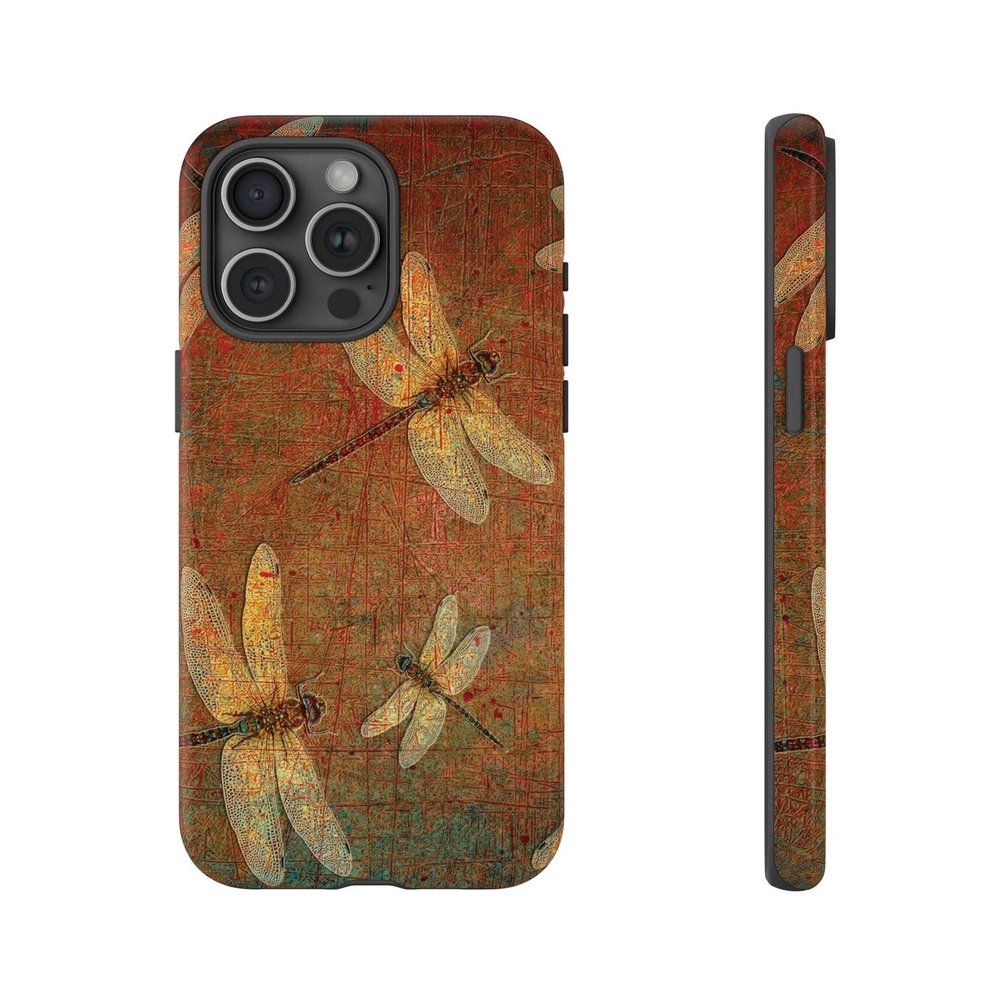 Golden Dragonflies on Brown Background Print Tough Case for iPhone 15 Pro Max front and side